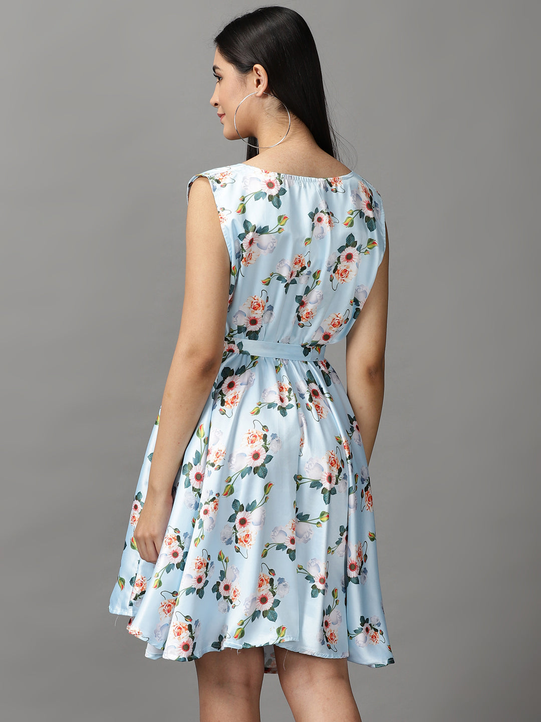 Women's Blue Floral Fit and Flare Dress