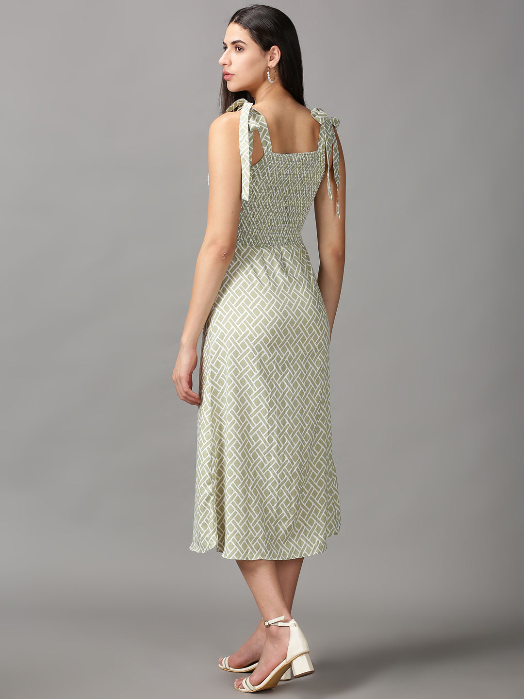 Women's Green Geometric Crepe Fit & Flare Dress