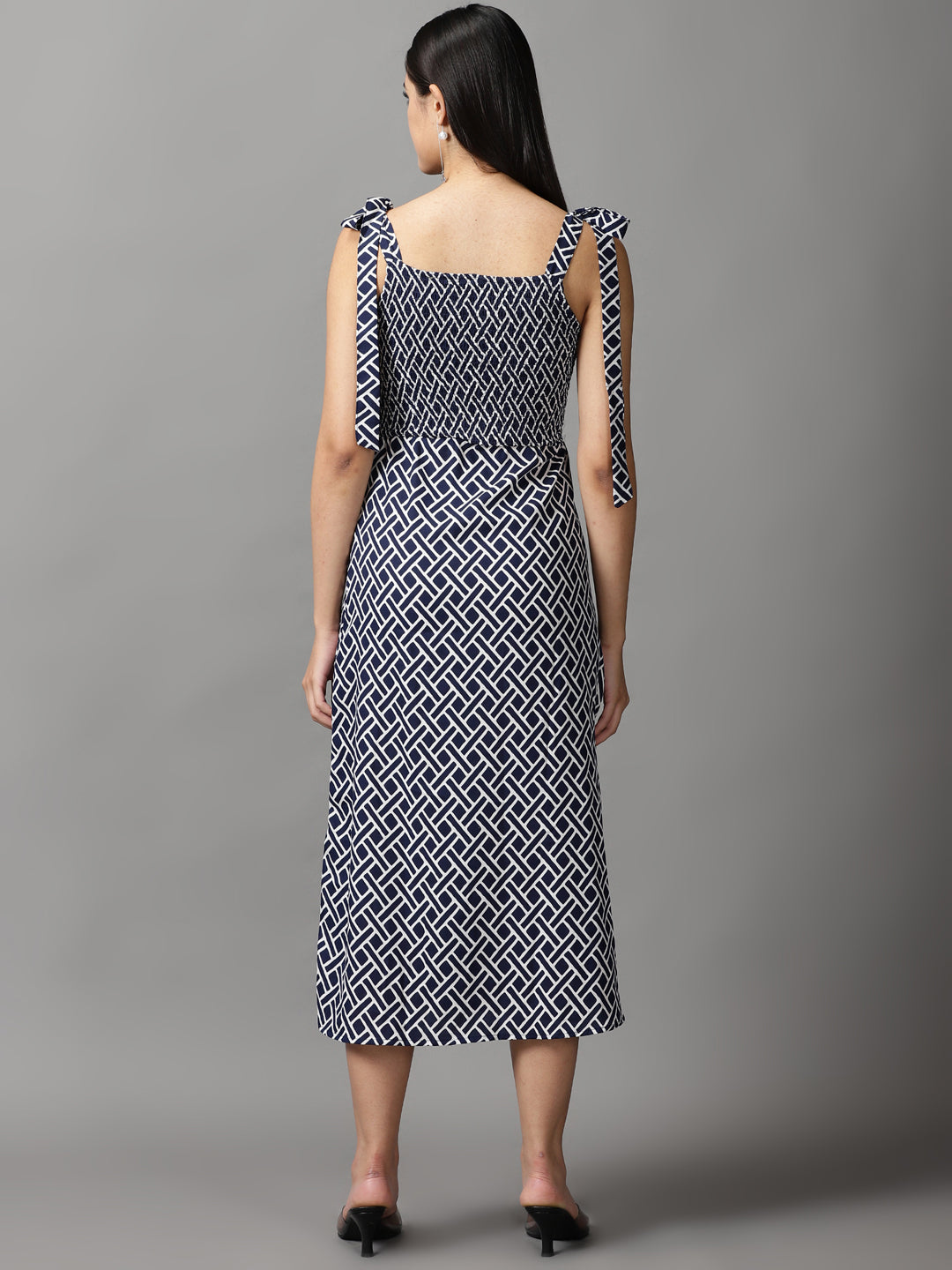 Women's Navy Blue Printed Fit and Flare Dress