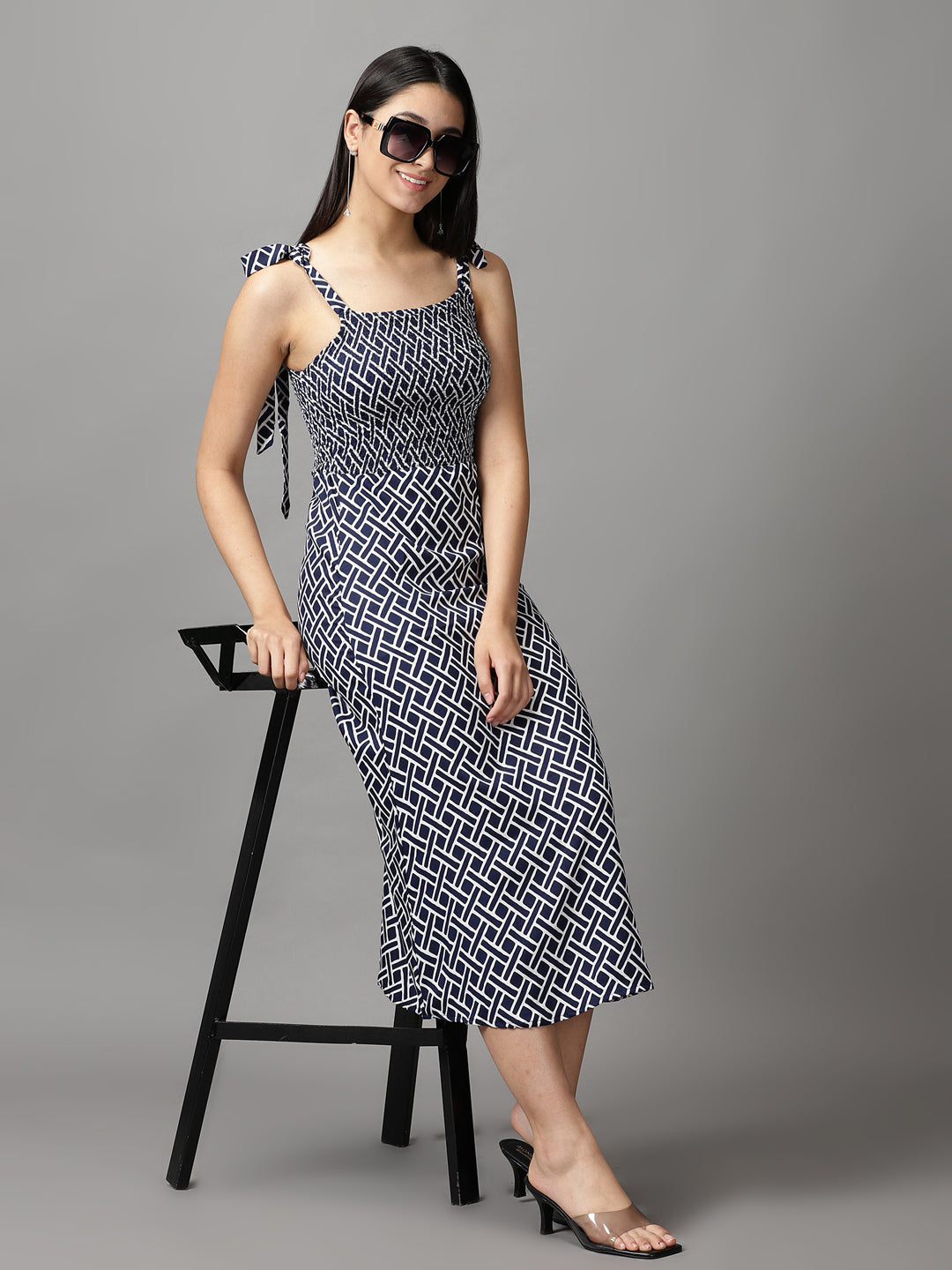 Women's Navy Blue Printed Fit and Flare Dress