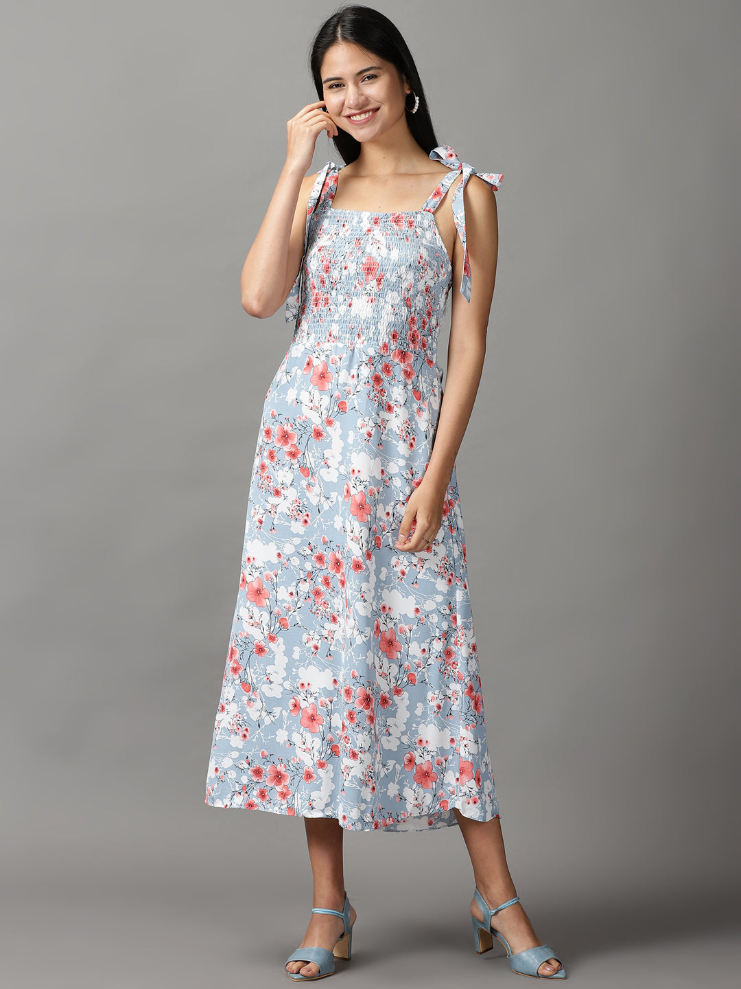 Women's Blue Floral A-Line Dress