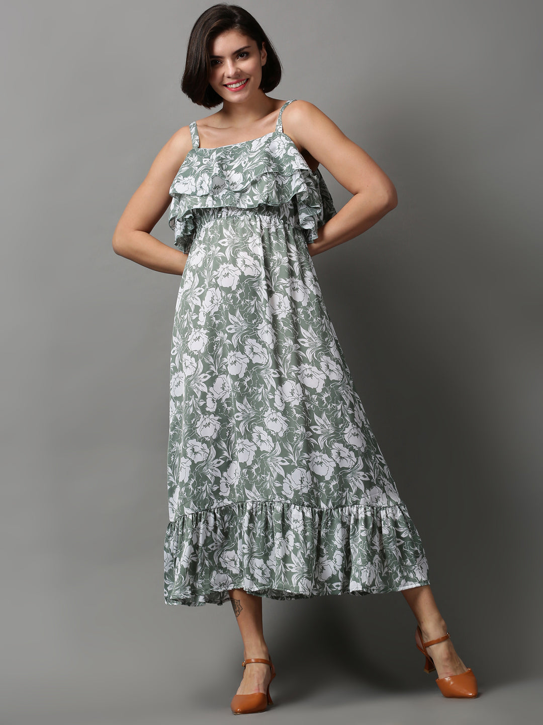 Women's Green Printed Fit and Flare Dress