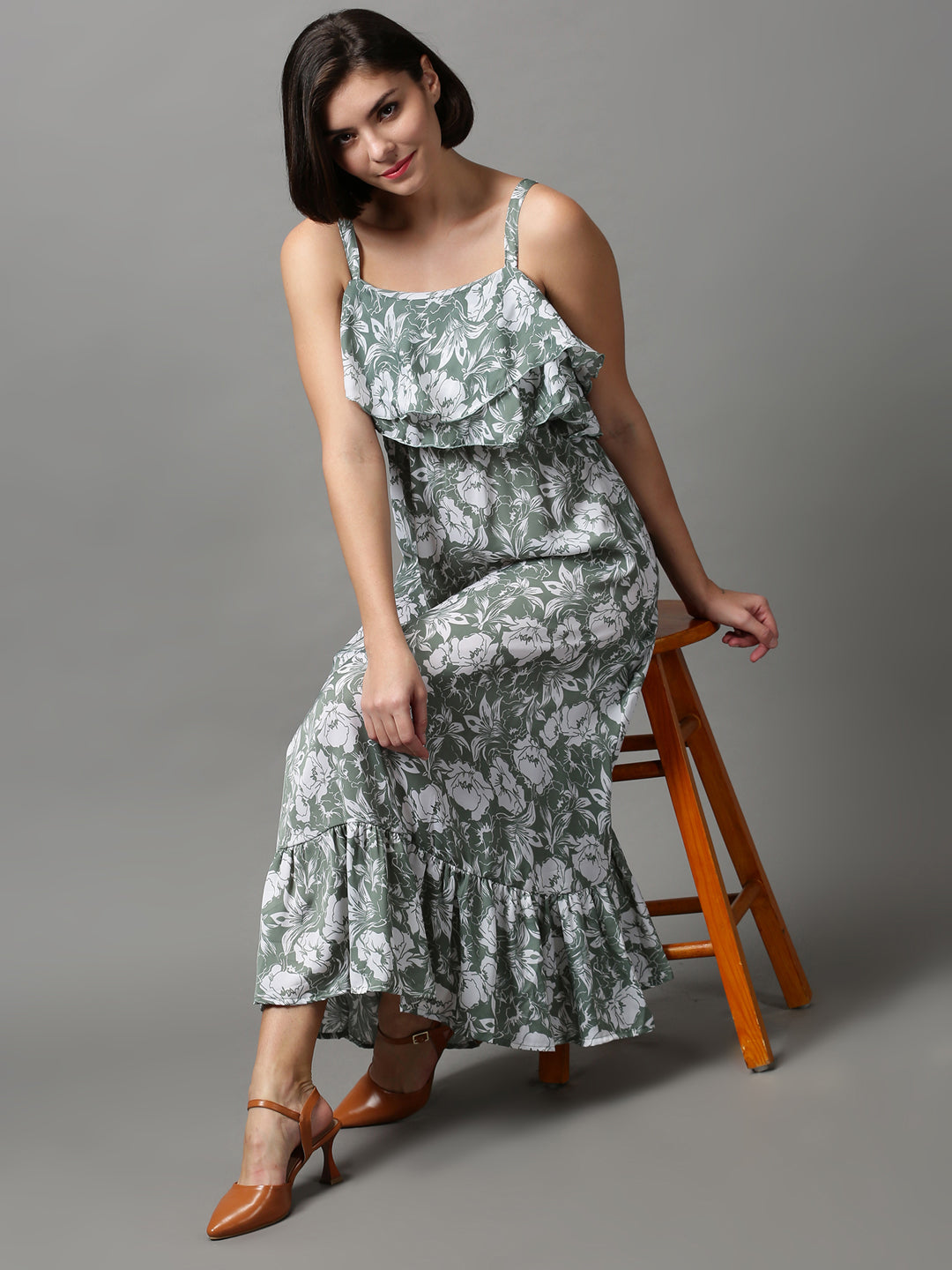 Women's Green Printed Fit and Flare Dress