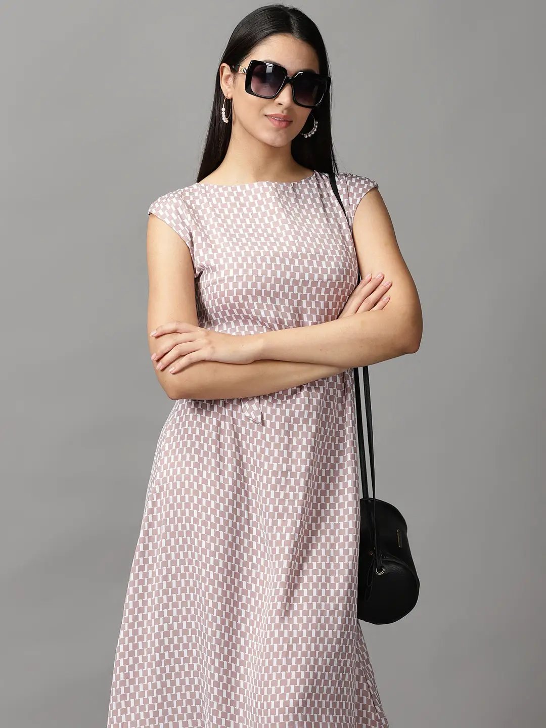 Women's Grey Geometrical Fit and Flare Dress