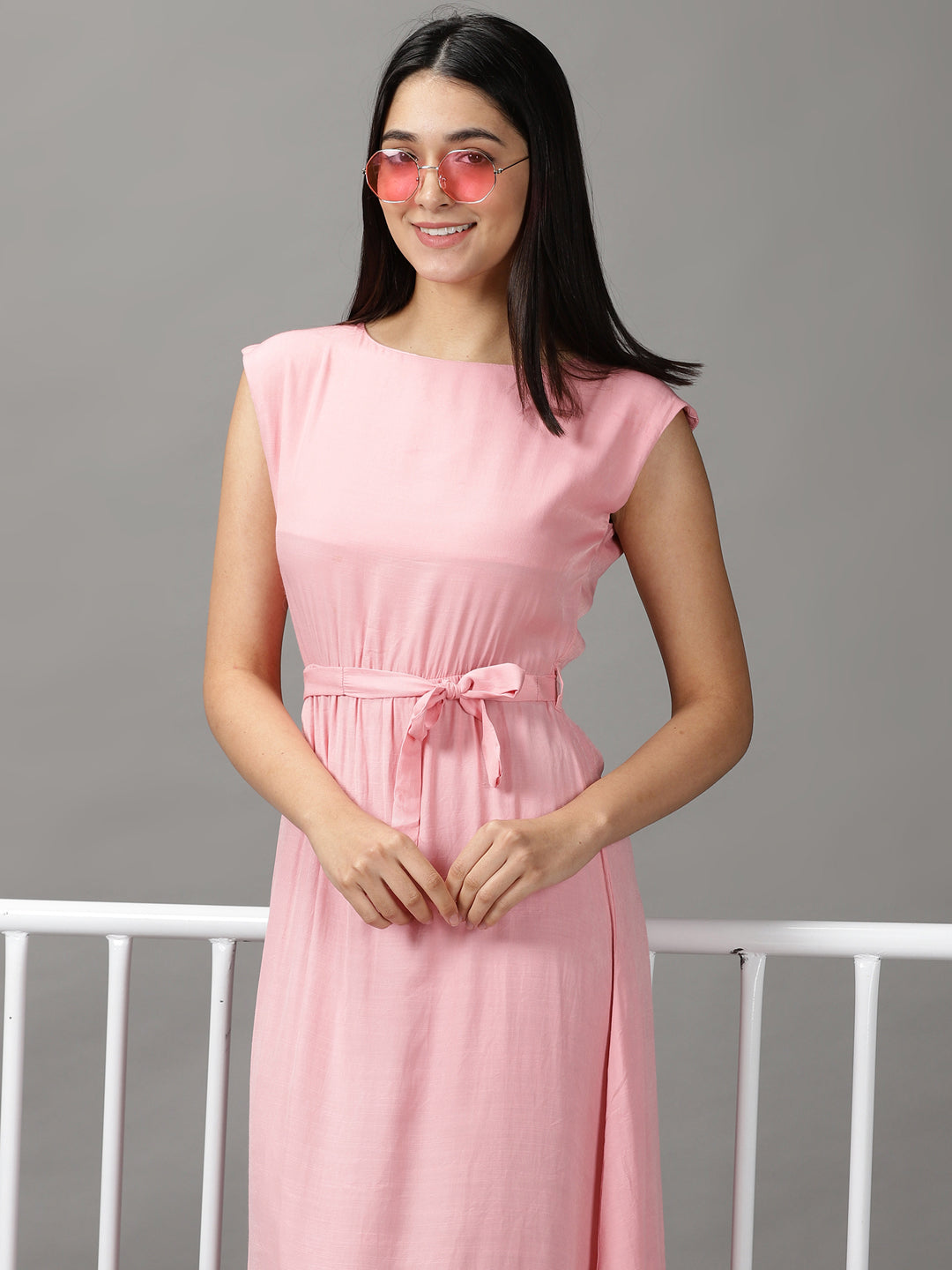 Women's Pink Solid Fit and Flare Dress