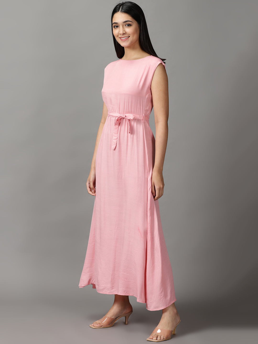 Women's Pink Solid Fit and Flare Dress