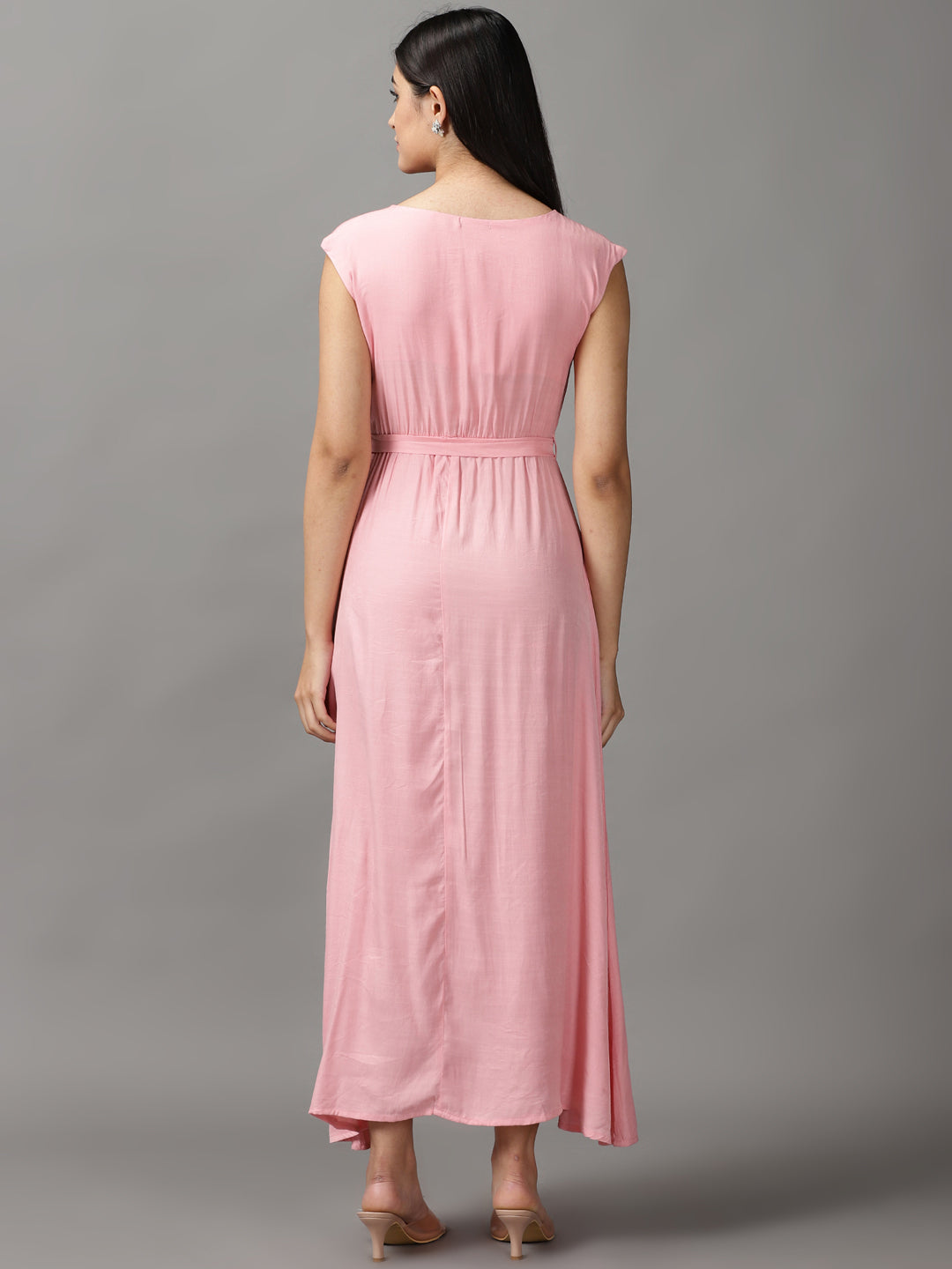 Women's Pink Solid Fit and Flare Dress