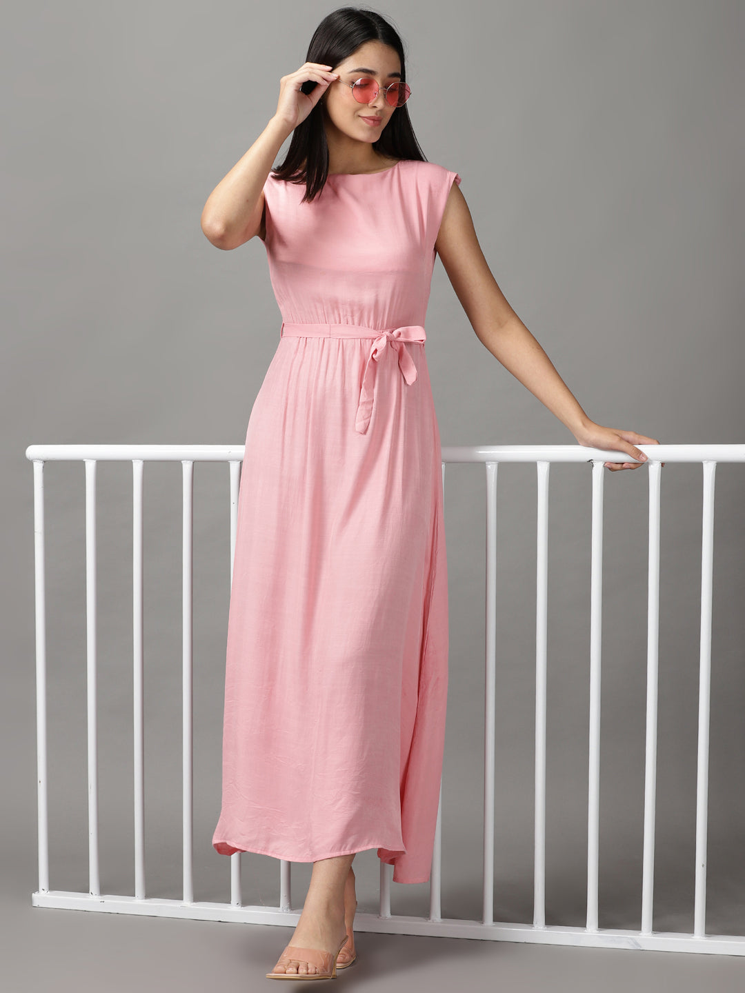 Women's Pink Solid Fit and Flare Dress