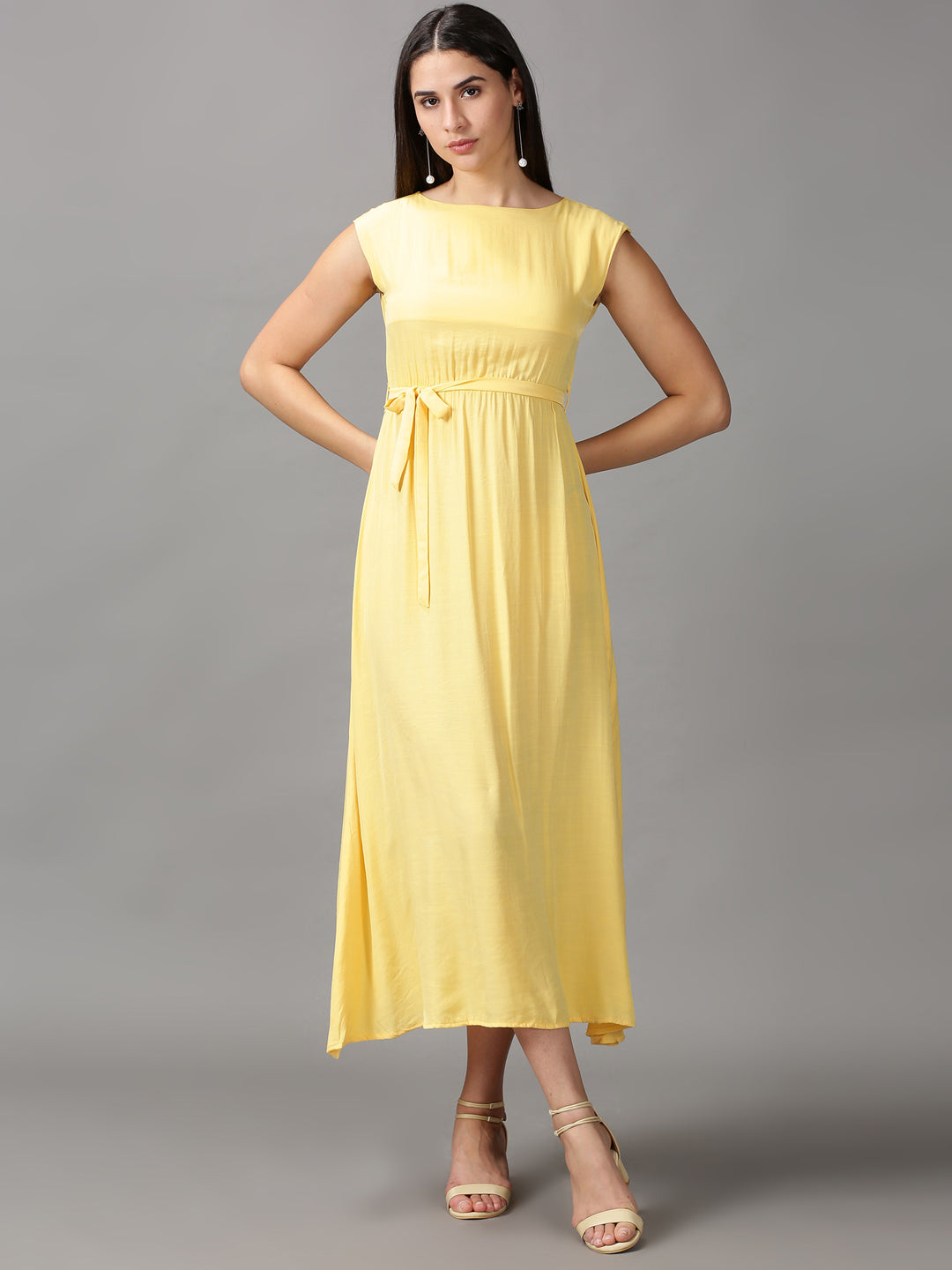 Women's Yellow Solid Fit and Flare Dress