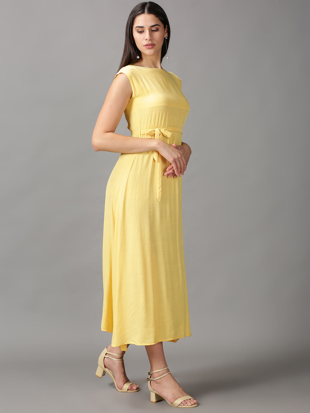 Women's Yellow Solid Fit and Flare Dress