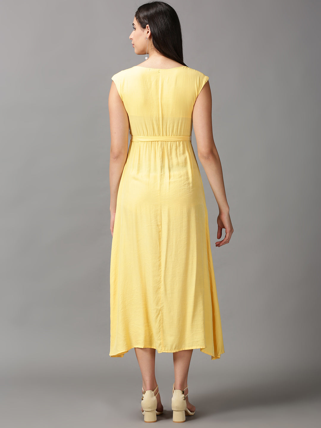 Women's Yellow Solid Fit and Flare Dress