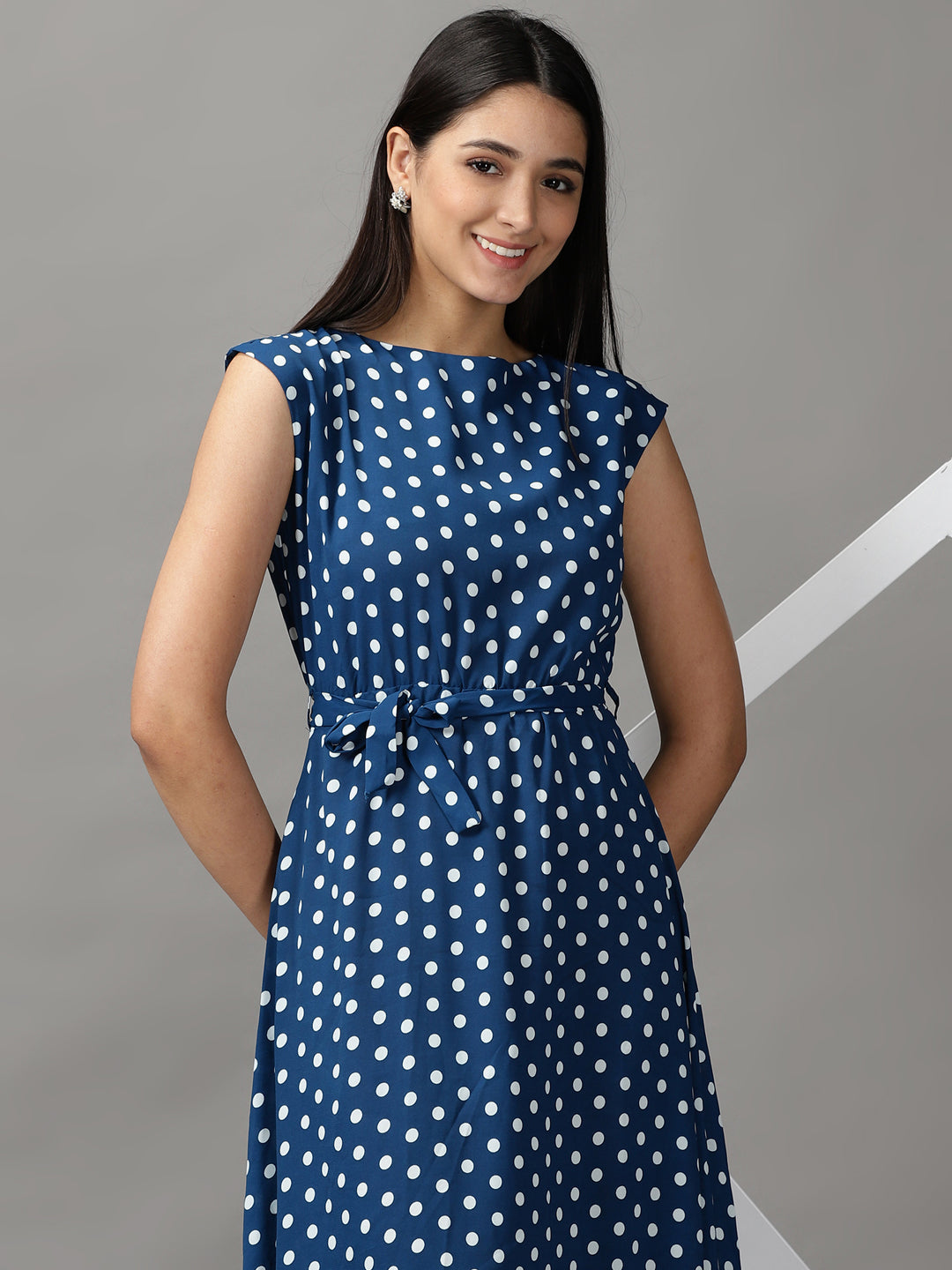 Women's Blue Polka Dots Fit and Flare Dress