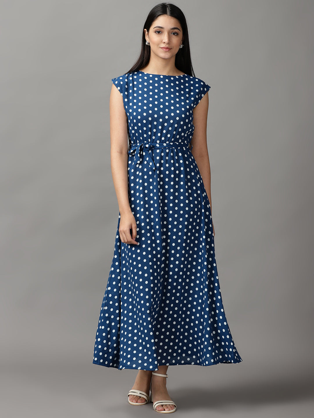 Women's Blue Polka Dots Fit and Flare Dress