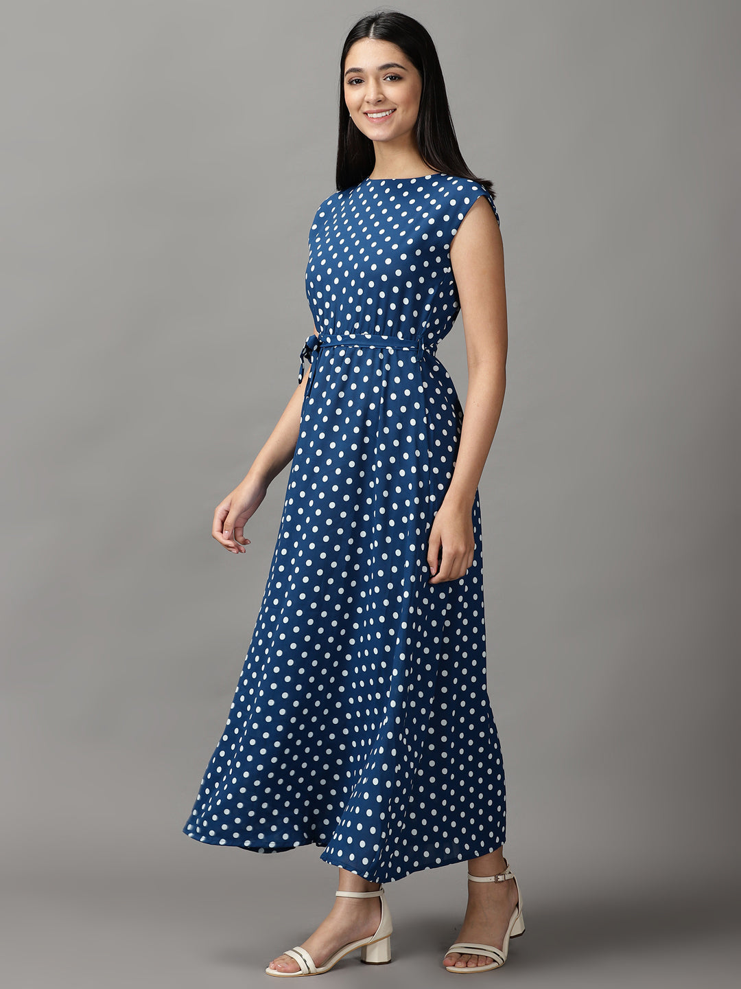 Women's Blue Polka Dots Fit and Flare Dress