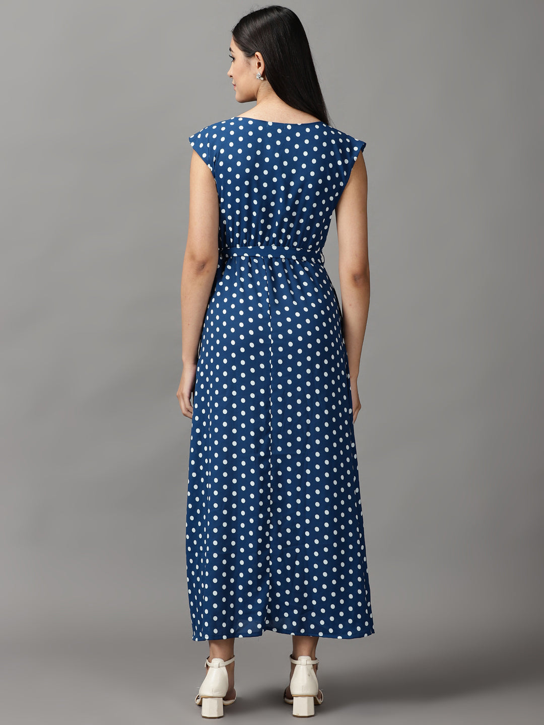 Women's Blue Polka Dots Fit and Flare Dress