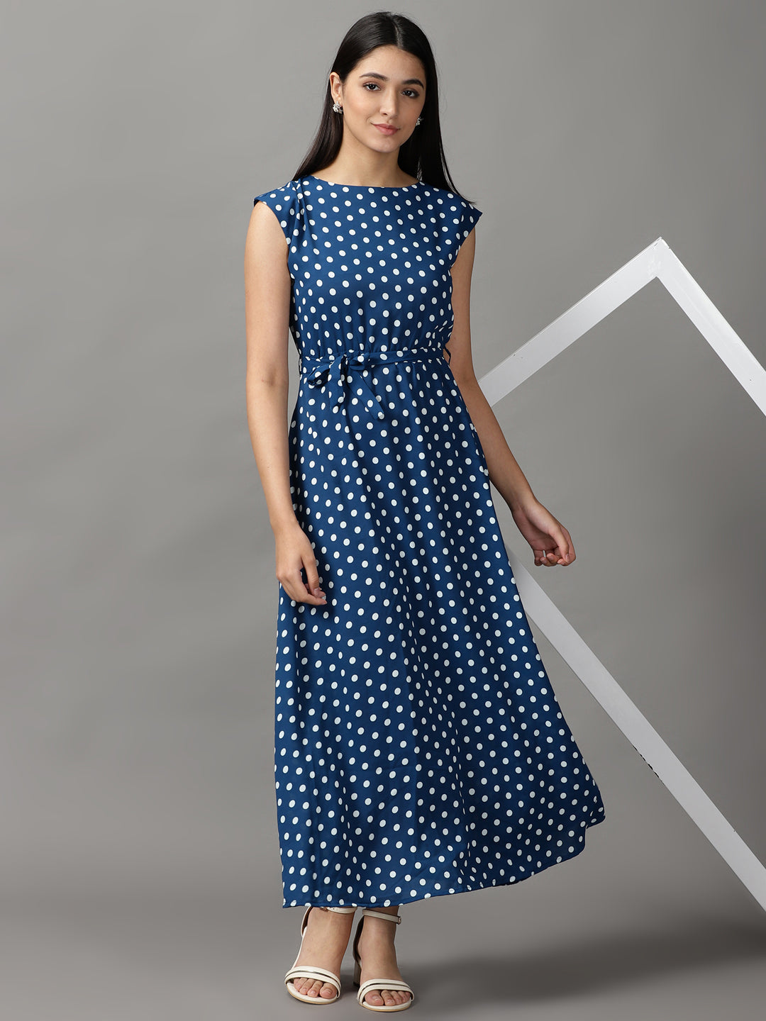 Women's Blue Polka Dots Fit and Flare Dress