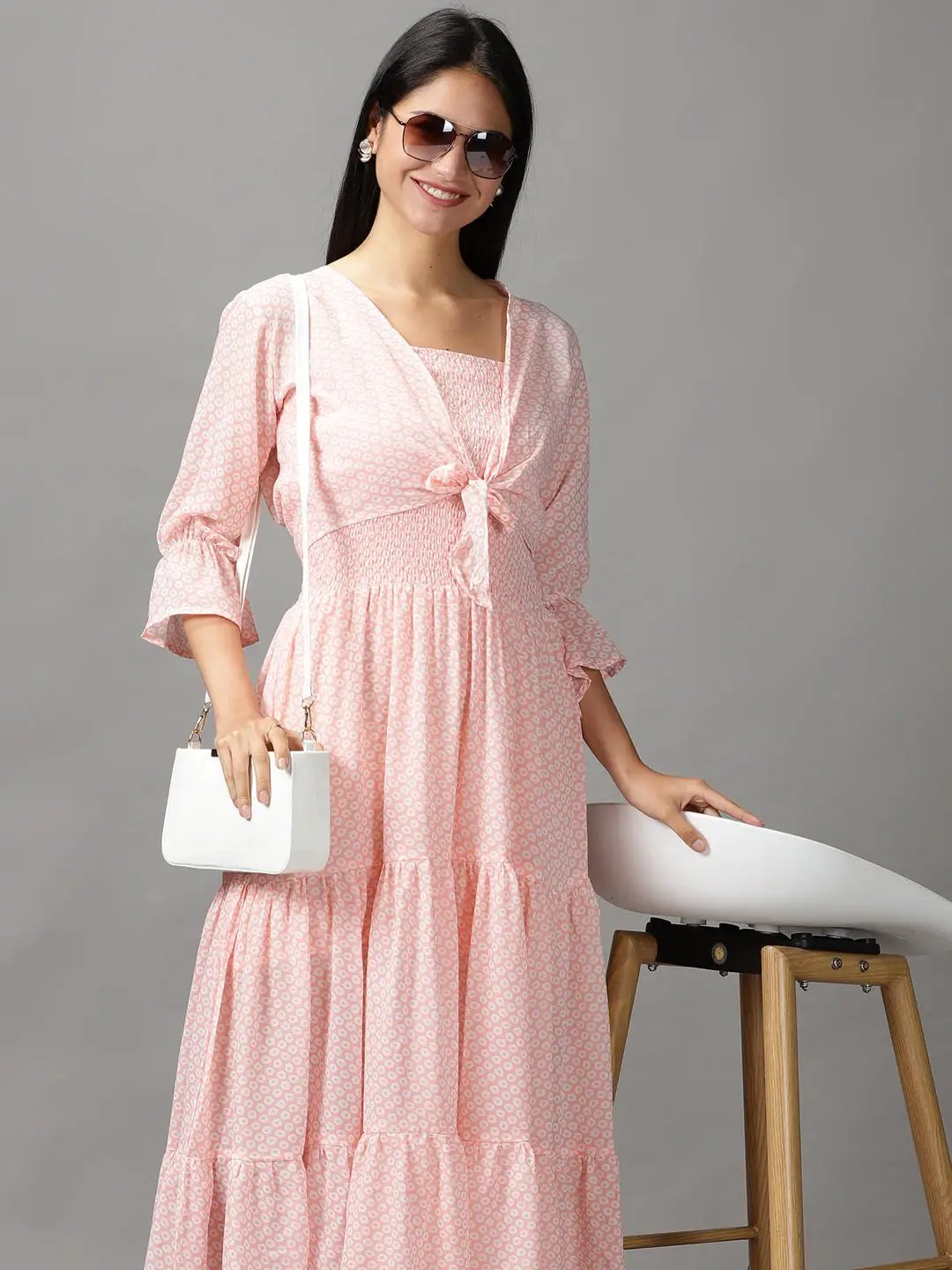 Shop Women's Peach Layered Chiffon Fit and Flare Dress| Showoffff Shop Women's Peach Layered Chiffon Fit and Flare Dress| Showoffff