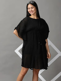 Women's Black Kaftan Short Sleeves Round Neck Dress