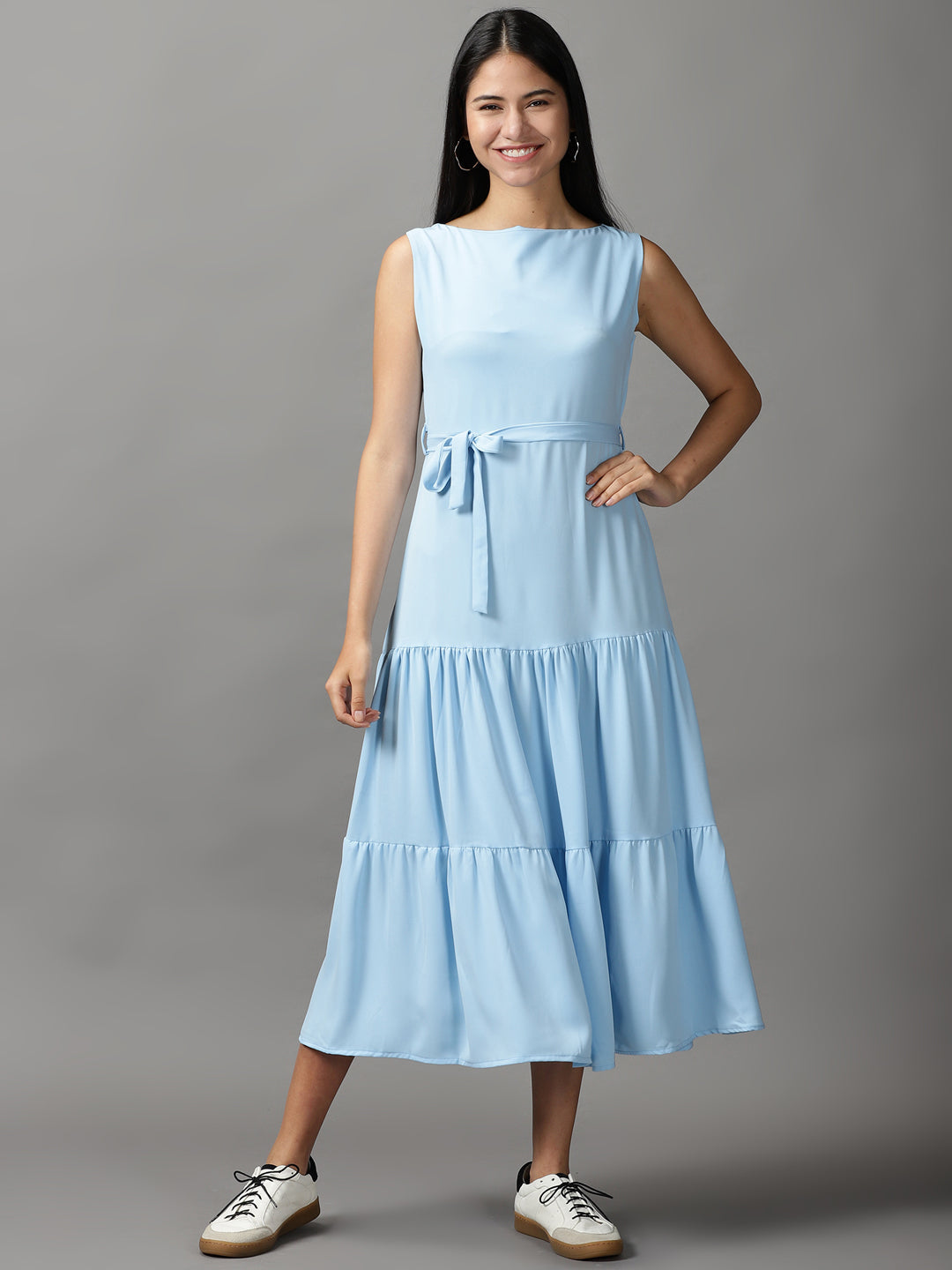 Women's Blue Solid Fit and Flare Dress