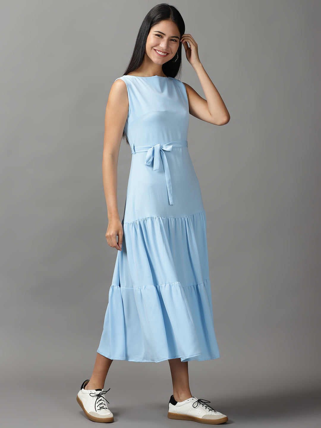 Women's Blue Solid Fit and Flare Dress