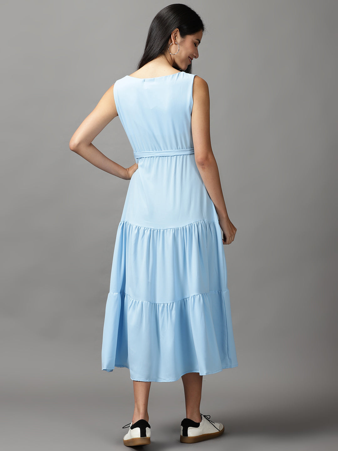 Women's Blue Solid Fit and Flare Dress