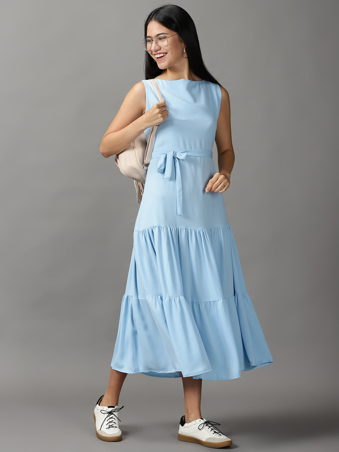 Women's Blue Solid Fit and Flare Dress