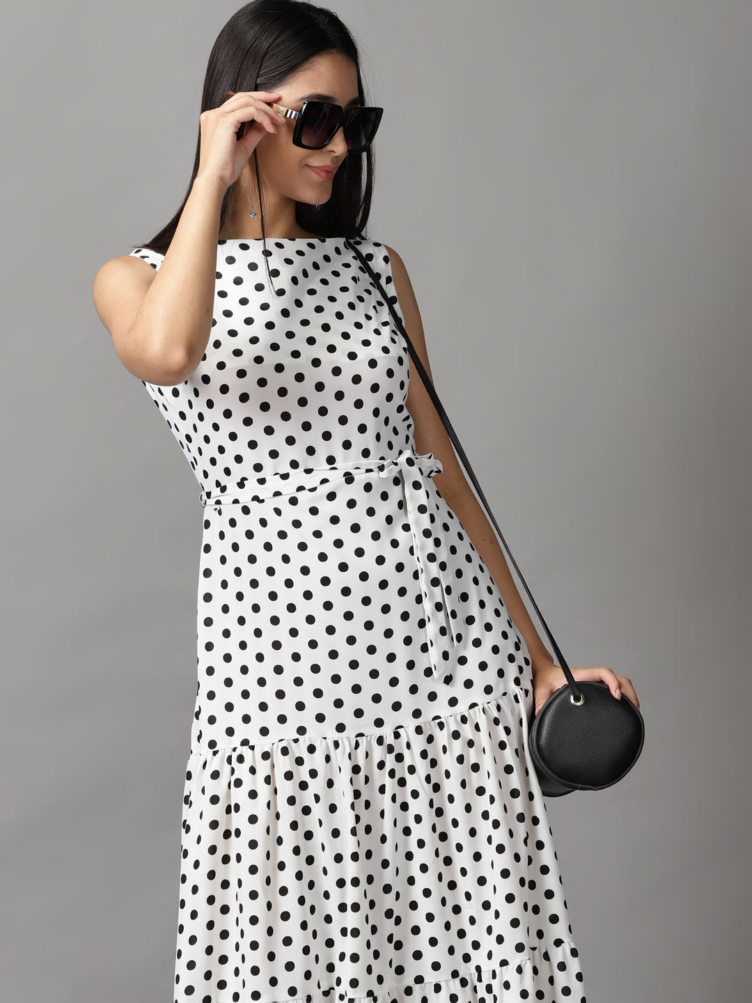 Women's White Polka Dots Fit and Flare Dress