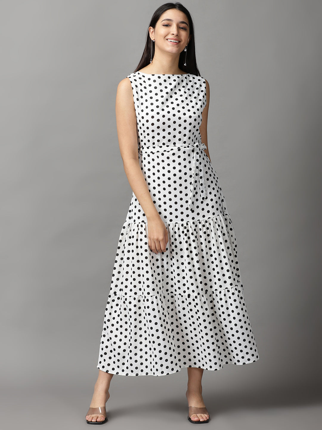 Women's White Polka Dots Fit and Flare Dress