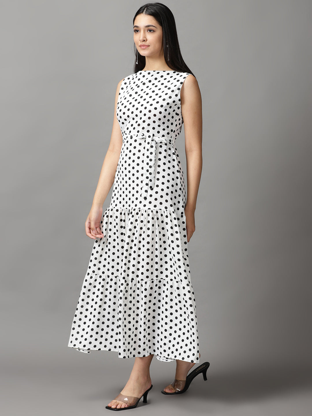 Women's White Polka Dots Fit and Flare Dress