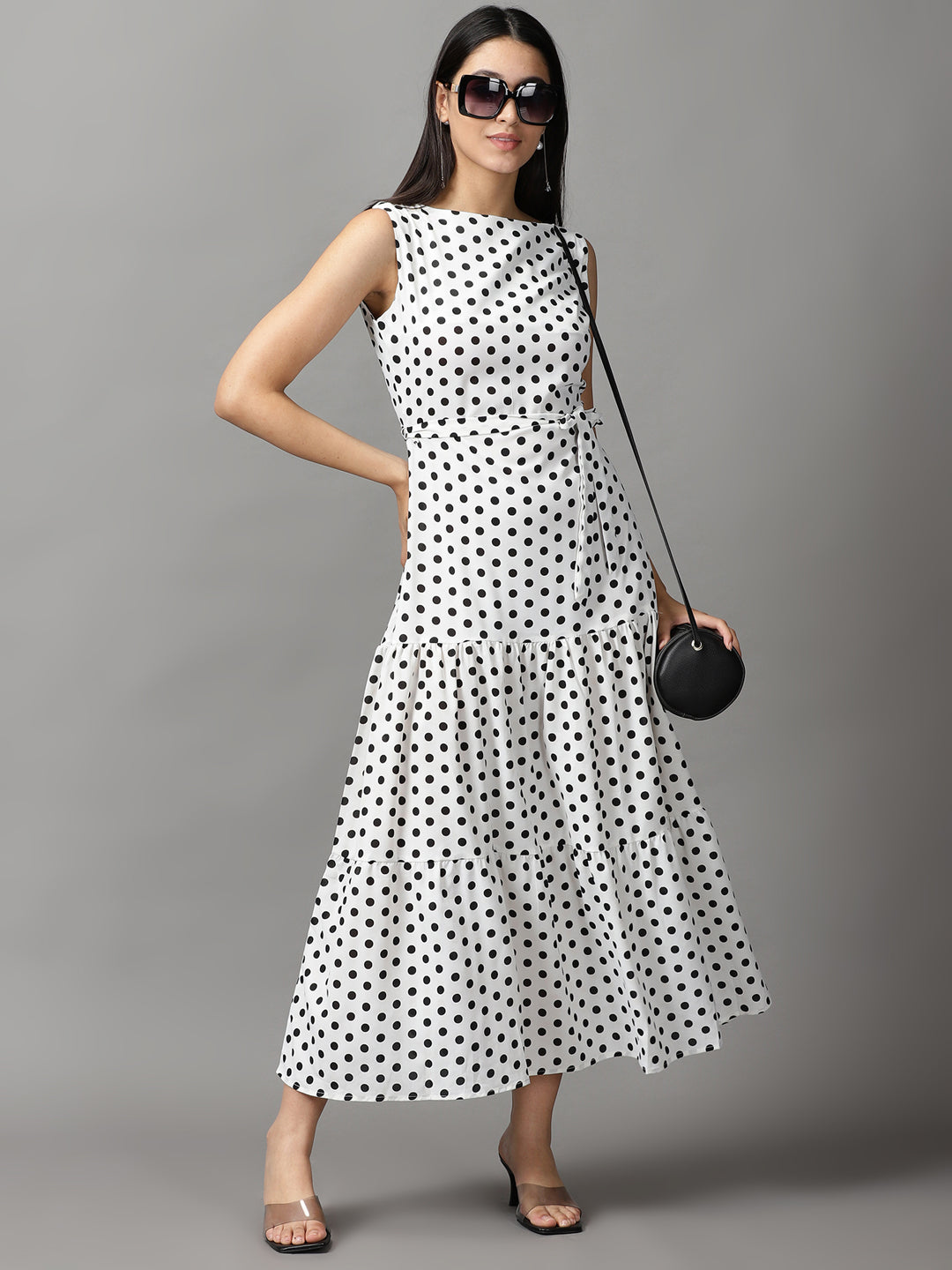 Women's White Polka Dots Fit and Flare Dress