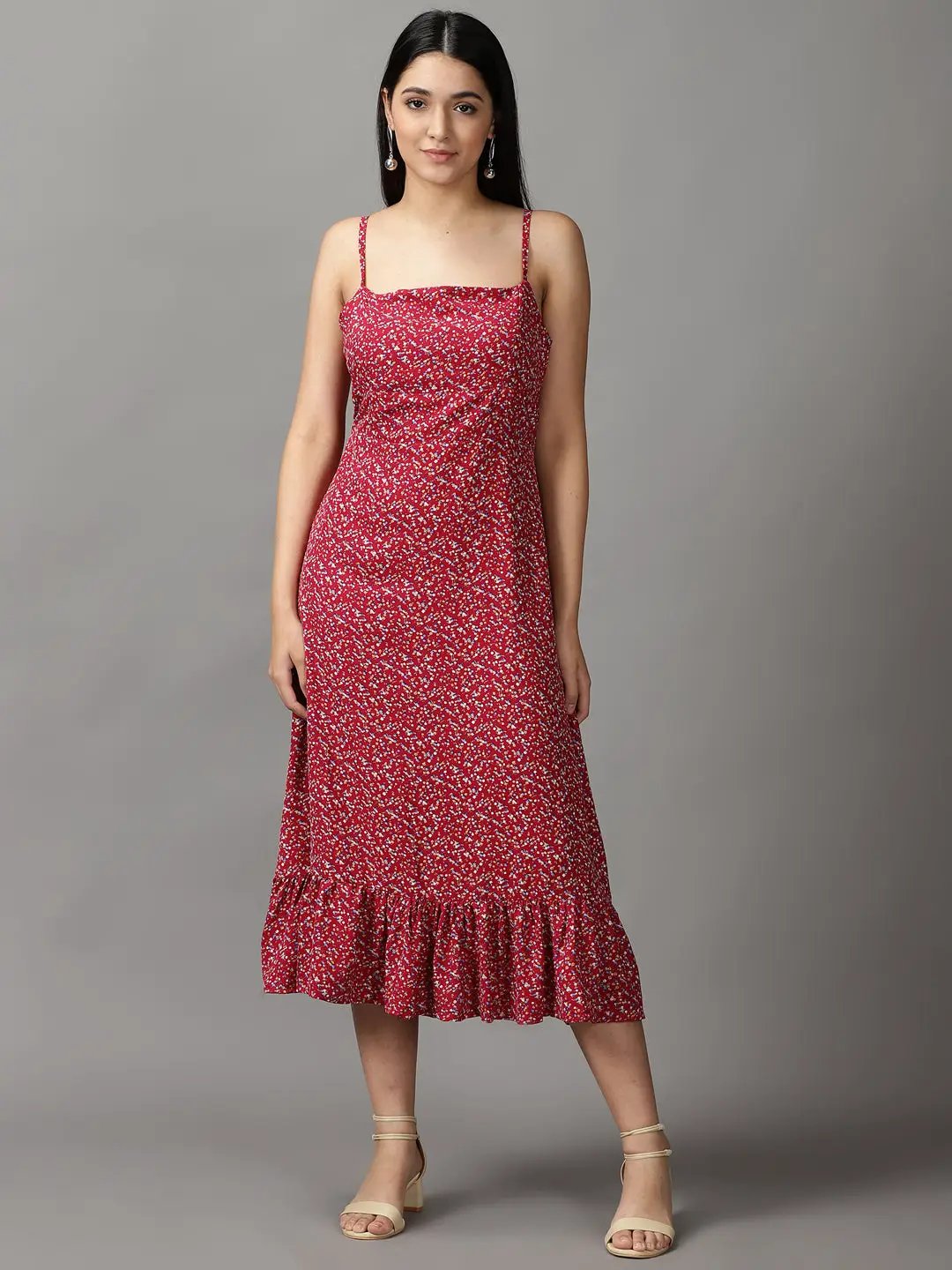 Women's Red Floral Fit and Flare Dress