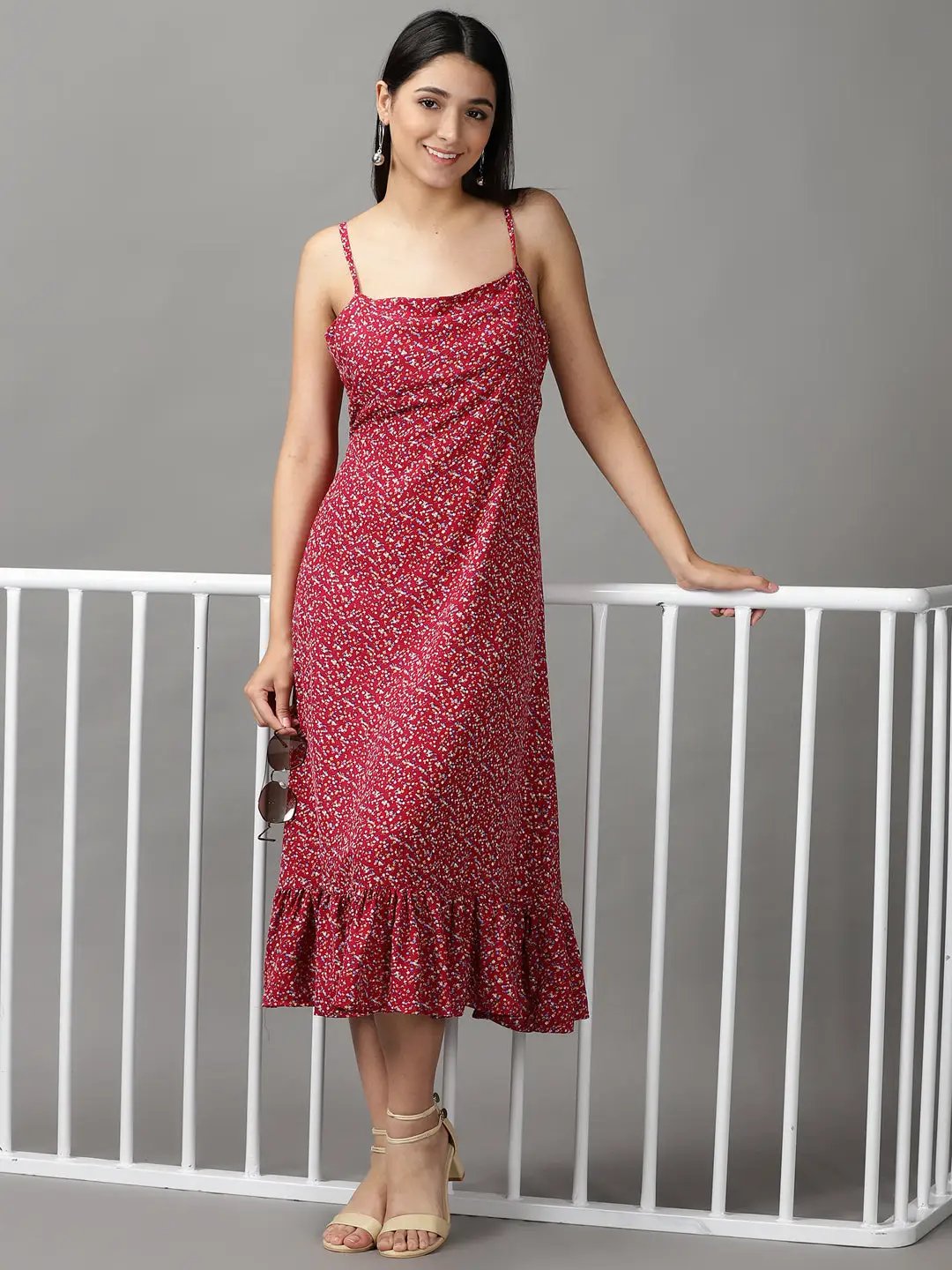 Women's Red Floral Fit and Flare Dress