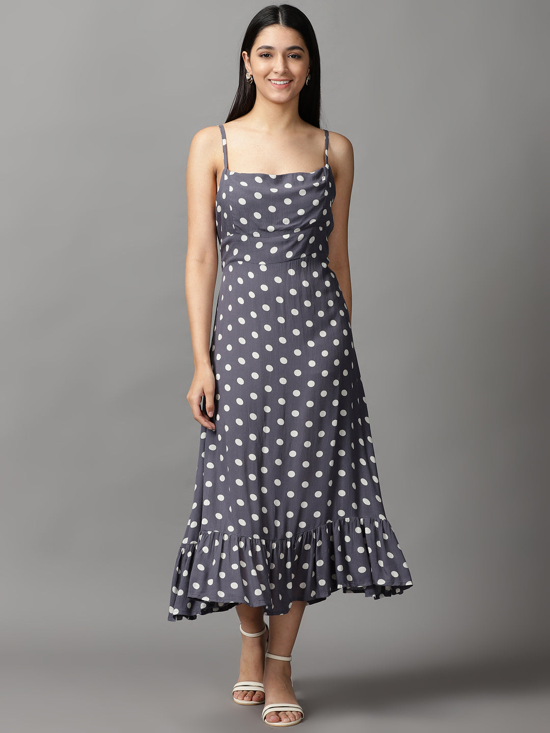 Women's Grey Polka Dots Fit and Flare Dress