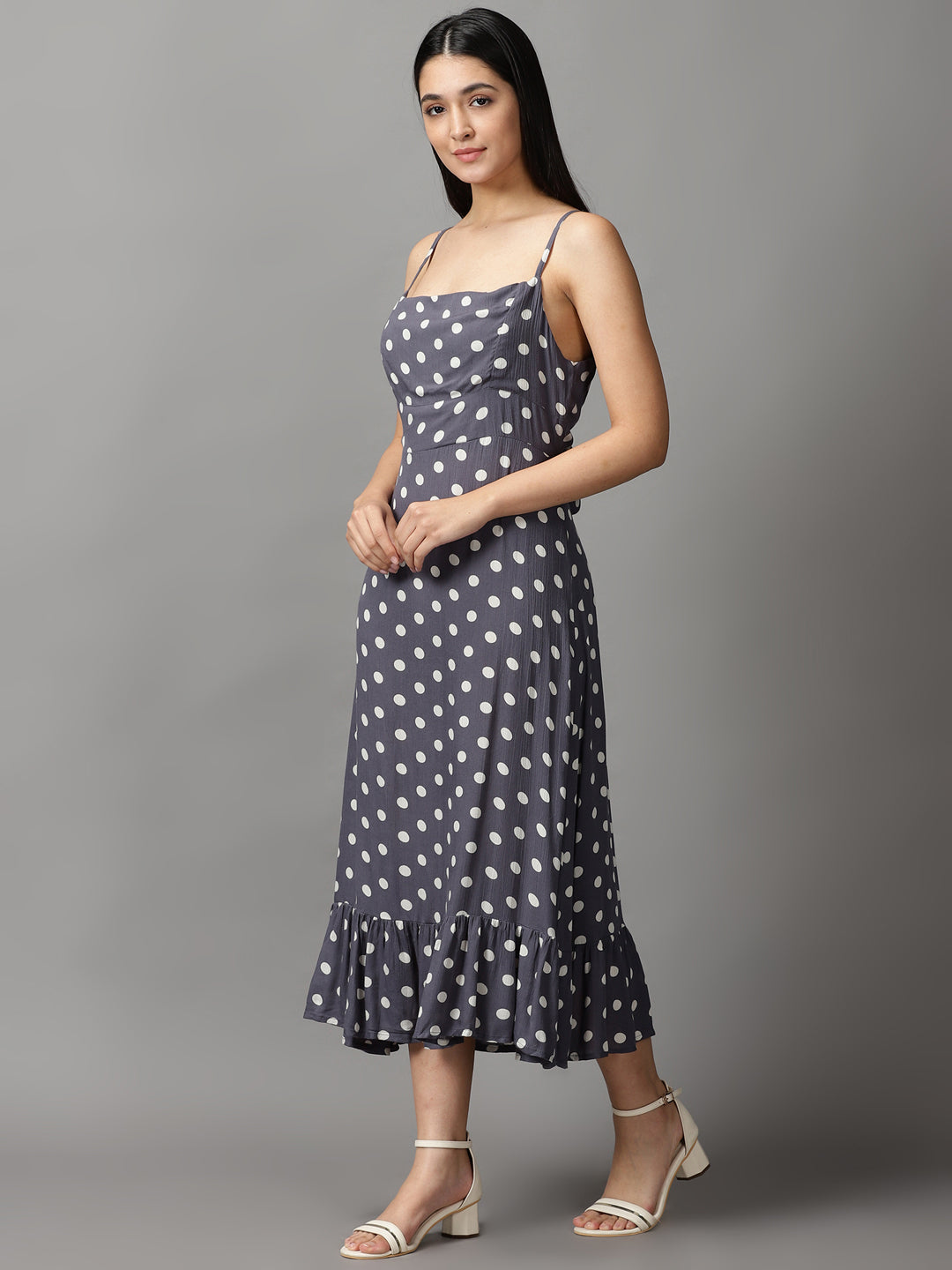 Women's Grey Polka Dots Fit and Flare Dress