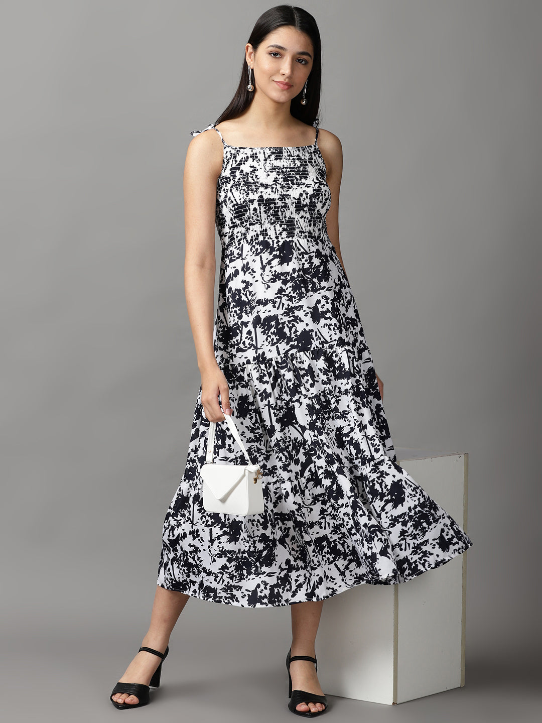 Women's White Printed Fit and Flare Dress