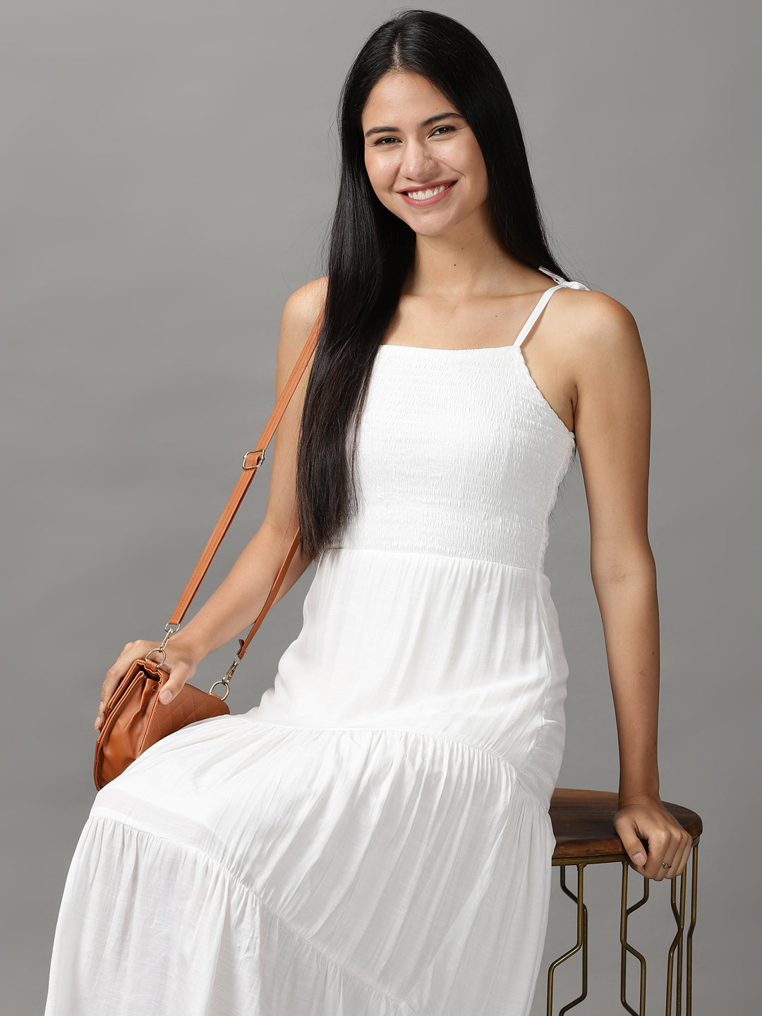 Women's White Solid Fit and Flare Dress