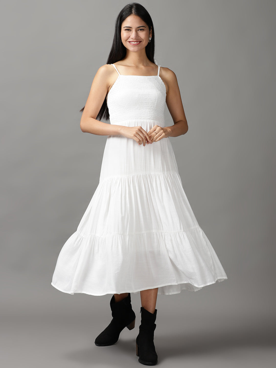 Women's White Solid Fit and Flare Dress