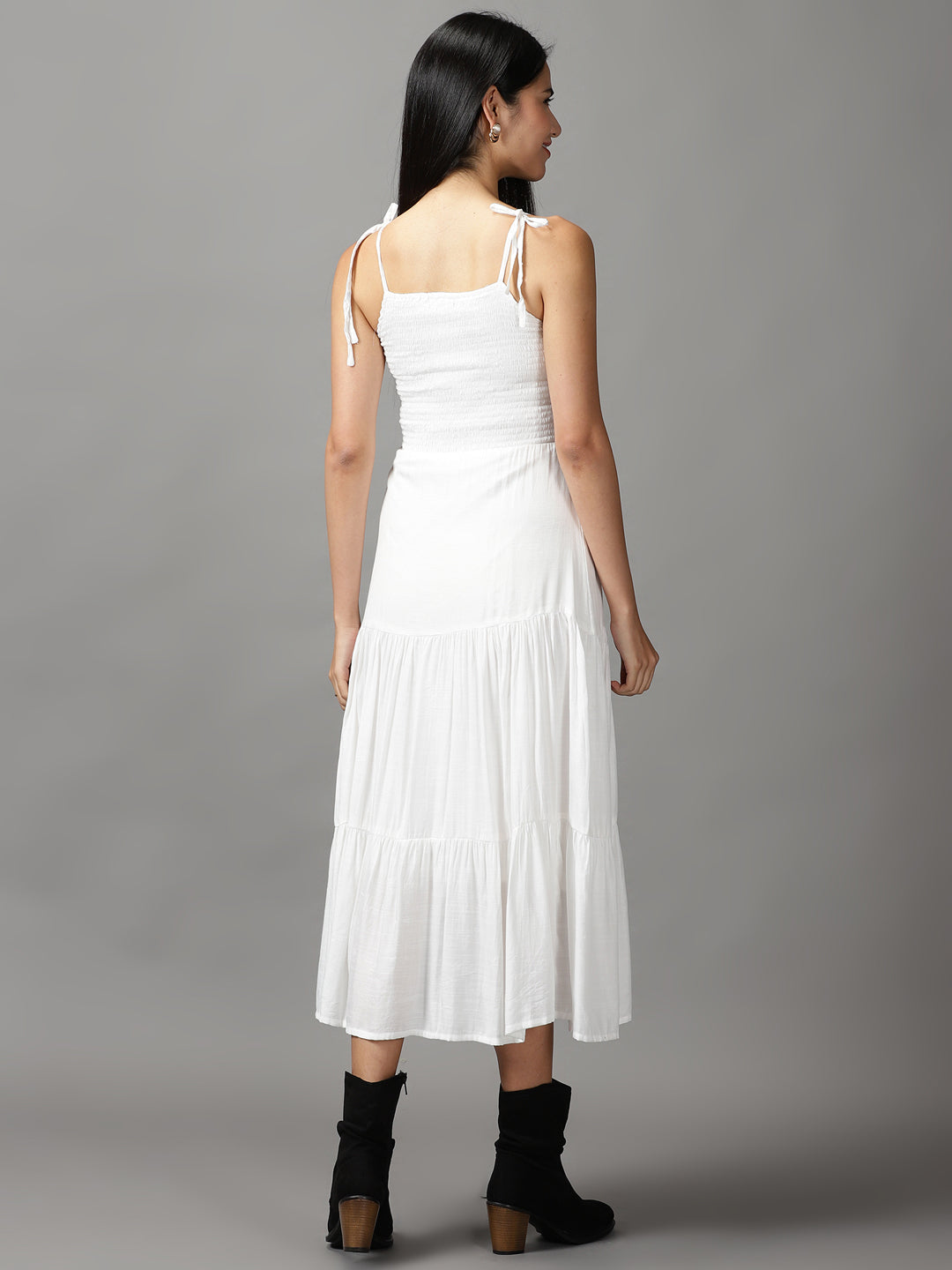 Women's White Solid Fit and Flare Dress