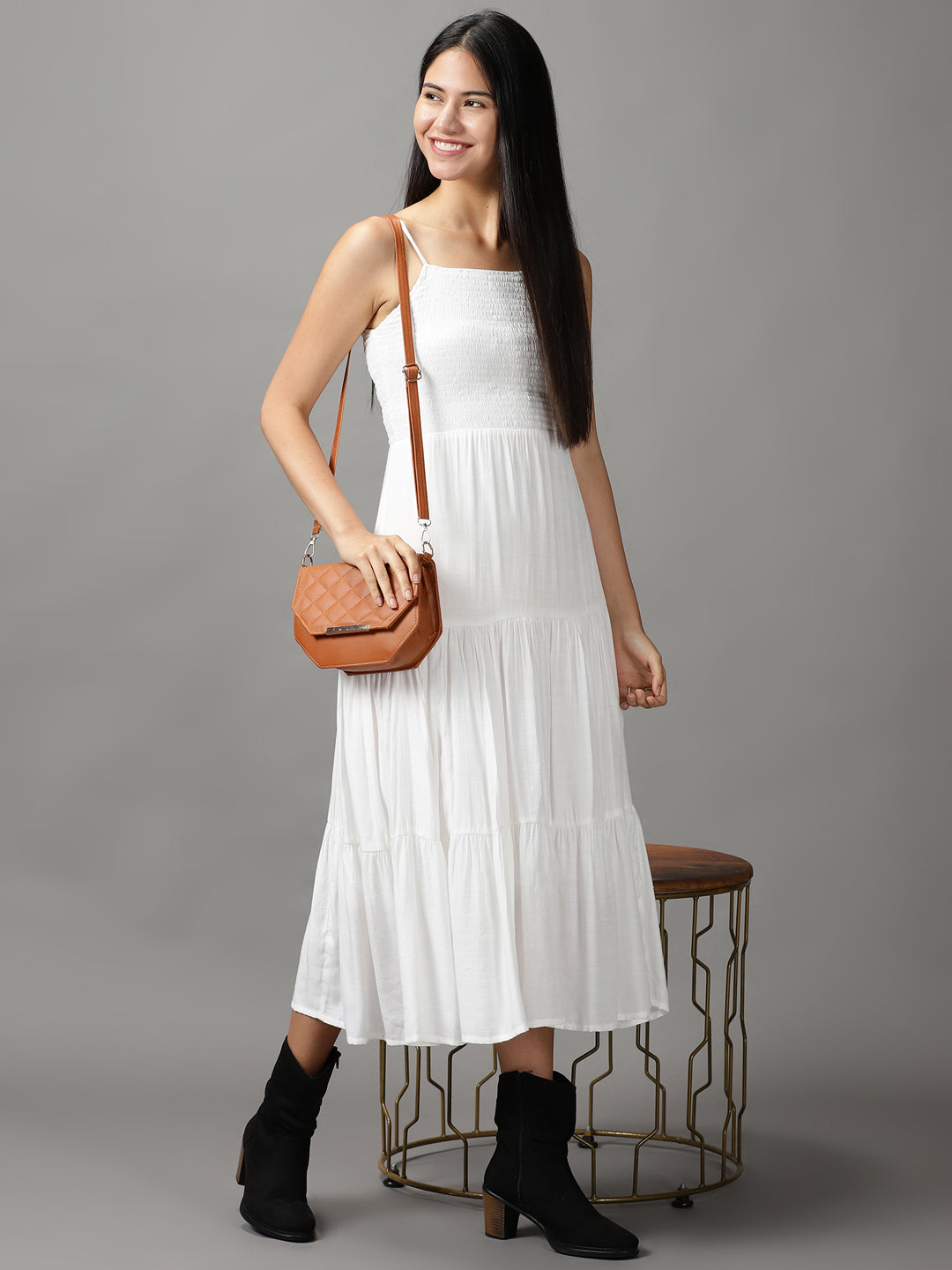 Women's White Solid Fit and Flare Dress