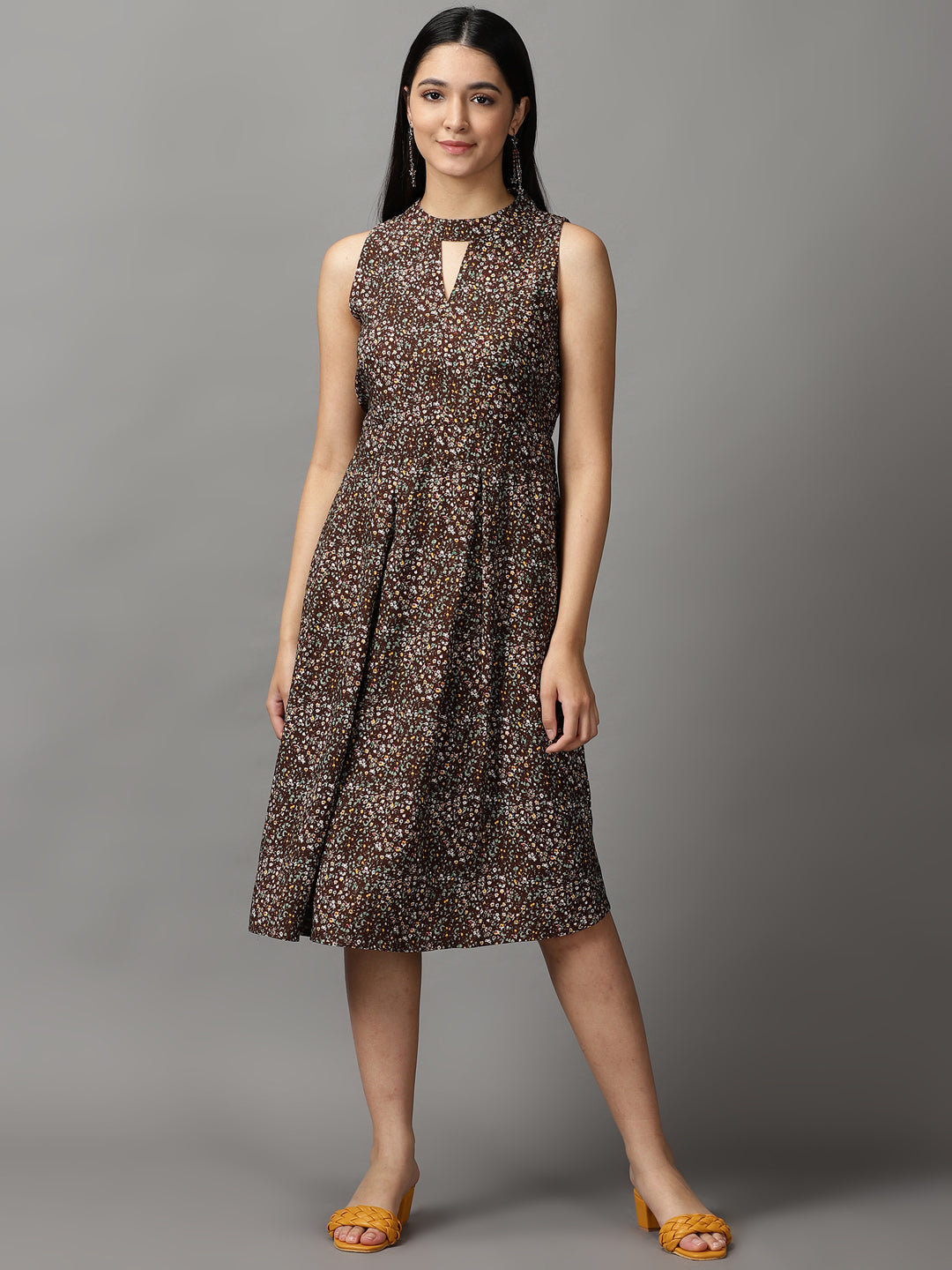 Women's Coffee Brown Floral Fit and Flare Dress