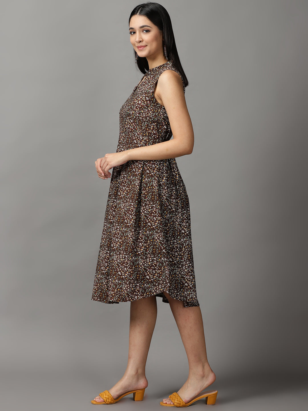 Women's Coffee Brown Floral Fit and Flare Dress