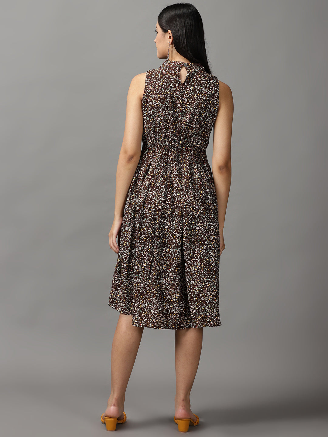 Women's Coffee Brown Floral Fit and Flare Dress