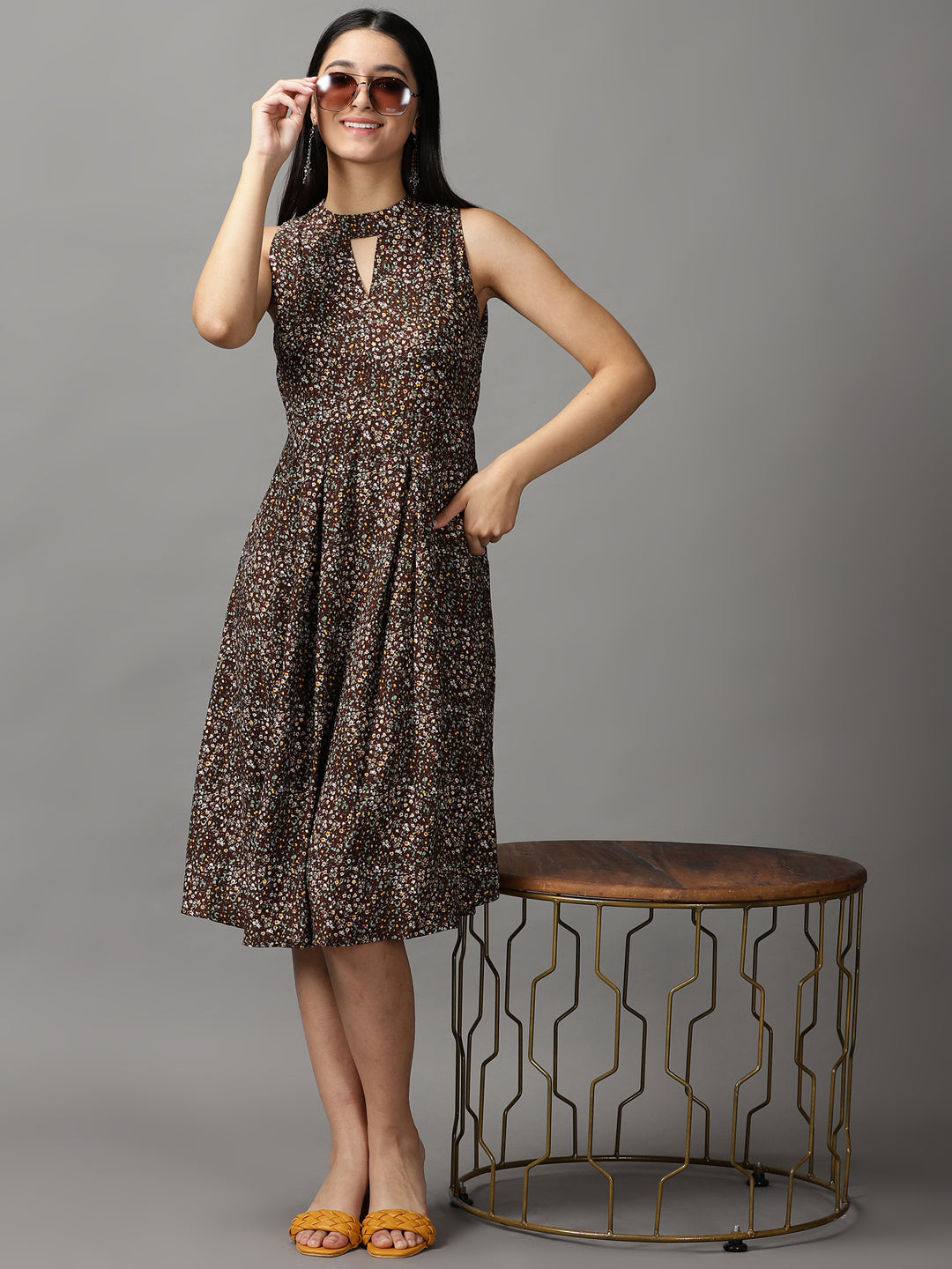 Women's Coffee Brown Floral Fit and Flare Dress