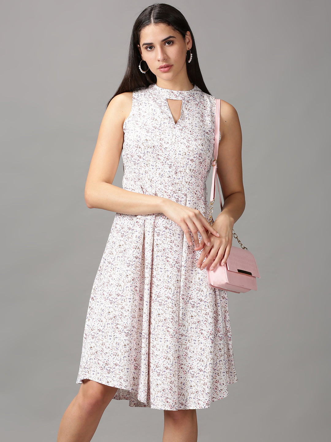 Women's White Floral Fit and Flare Dress