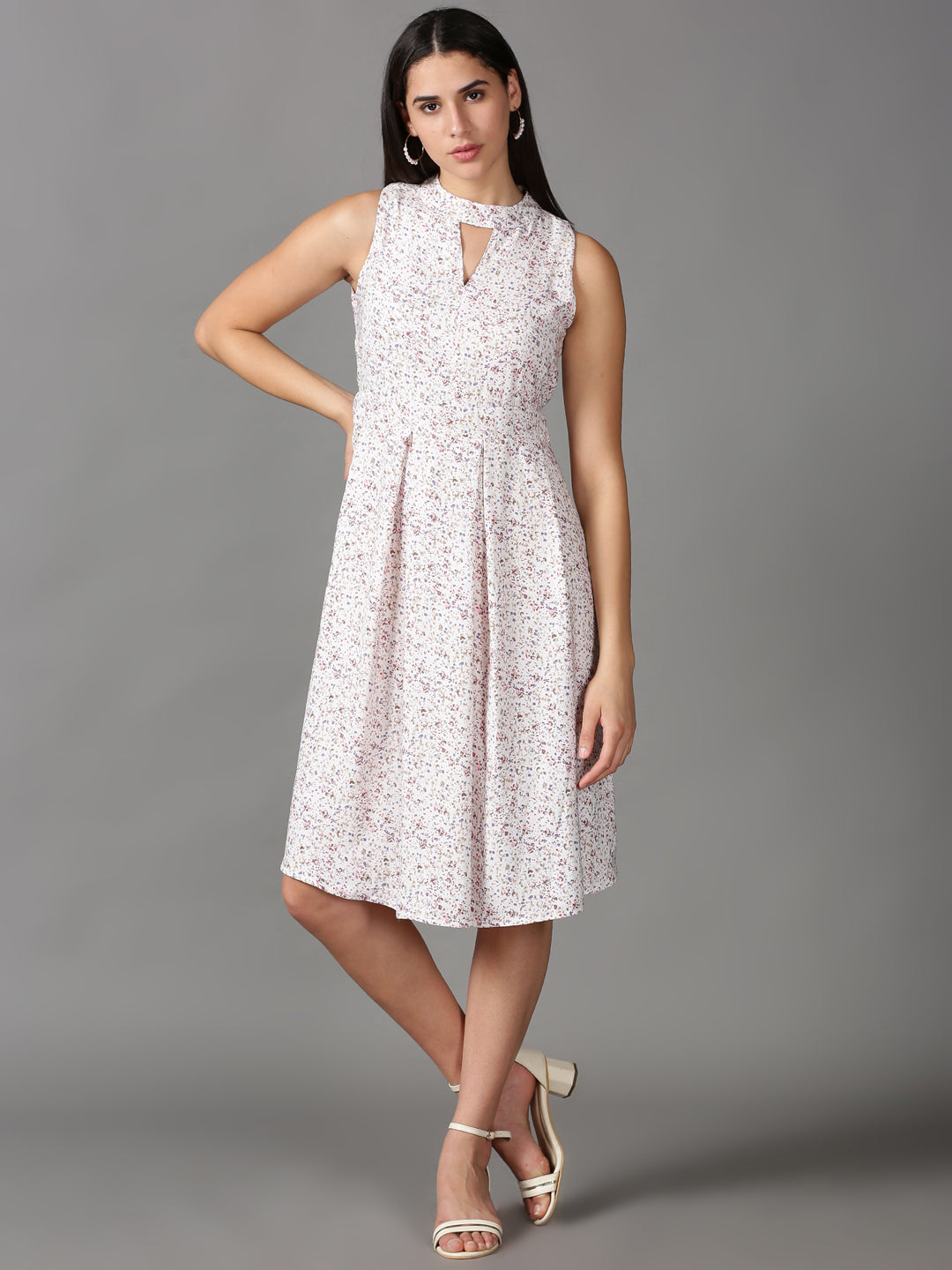 Women's White Floral Fit and Flare Dress