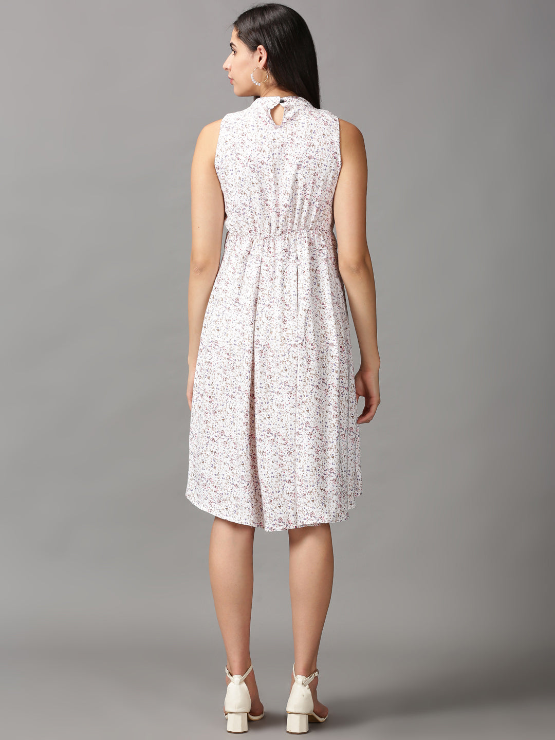 Women's White Floral Fit and Flare Dress