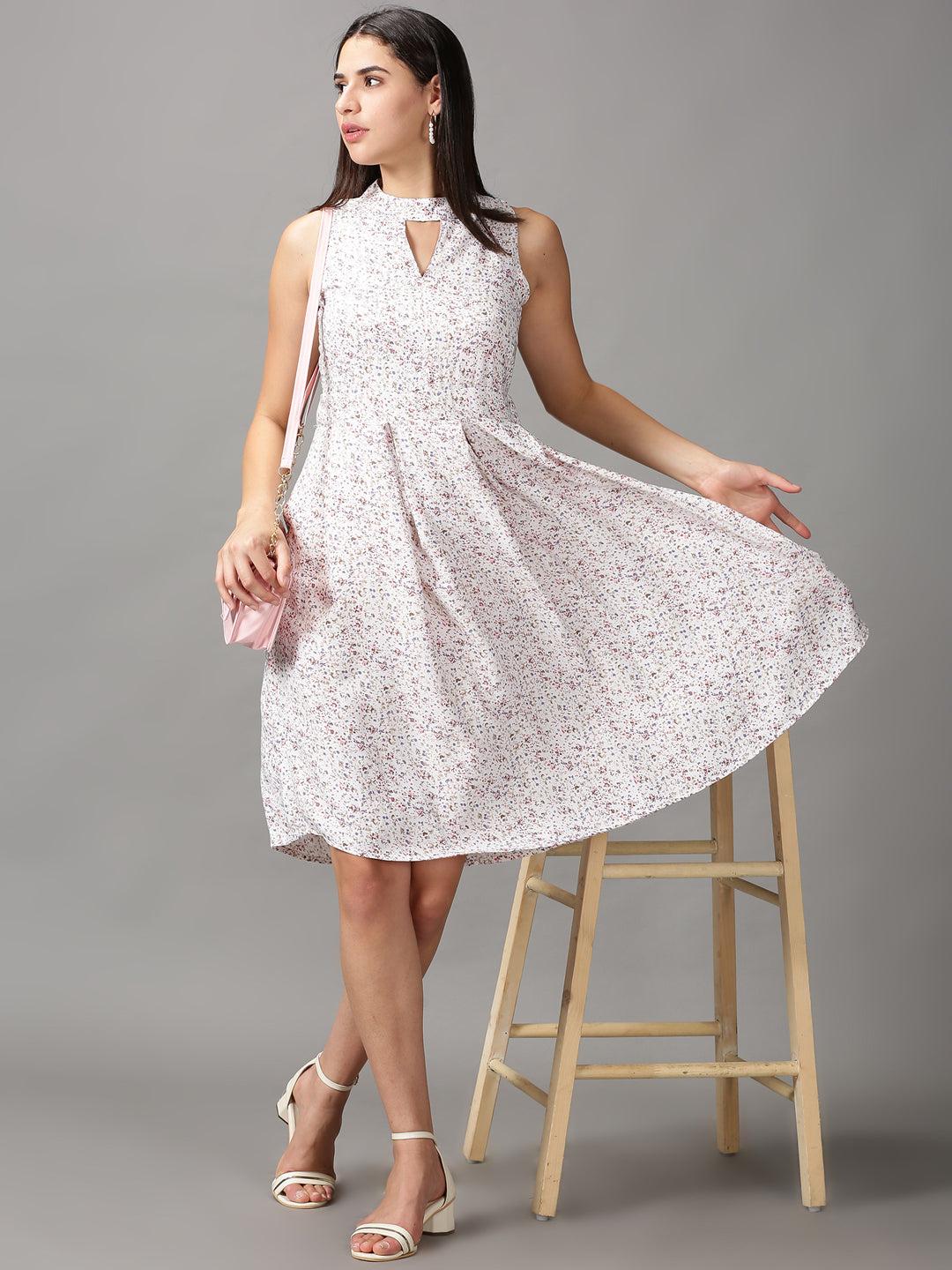 Women's White Floral Fit and Flare Dress