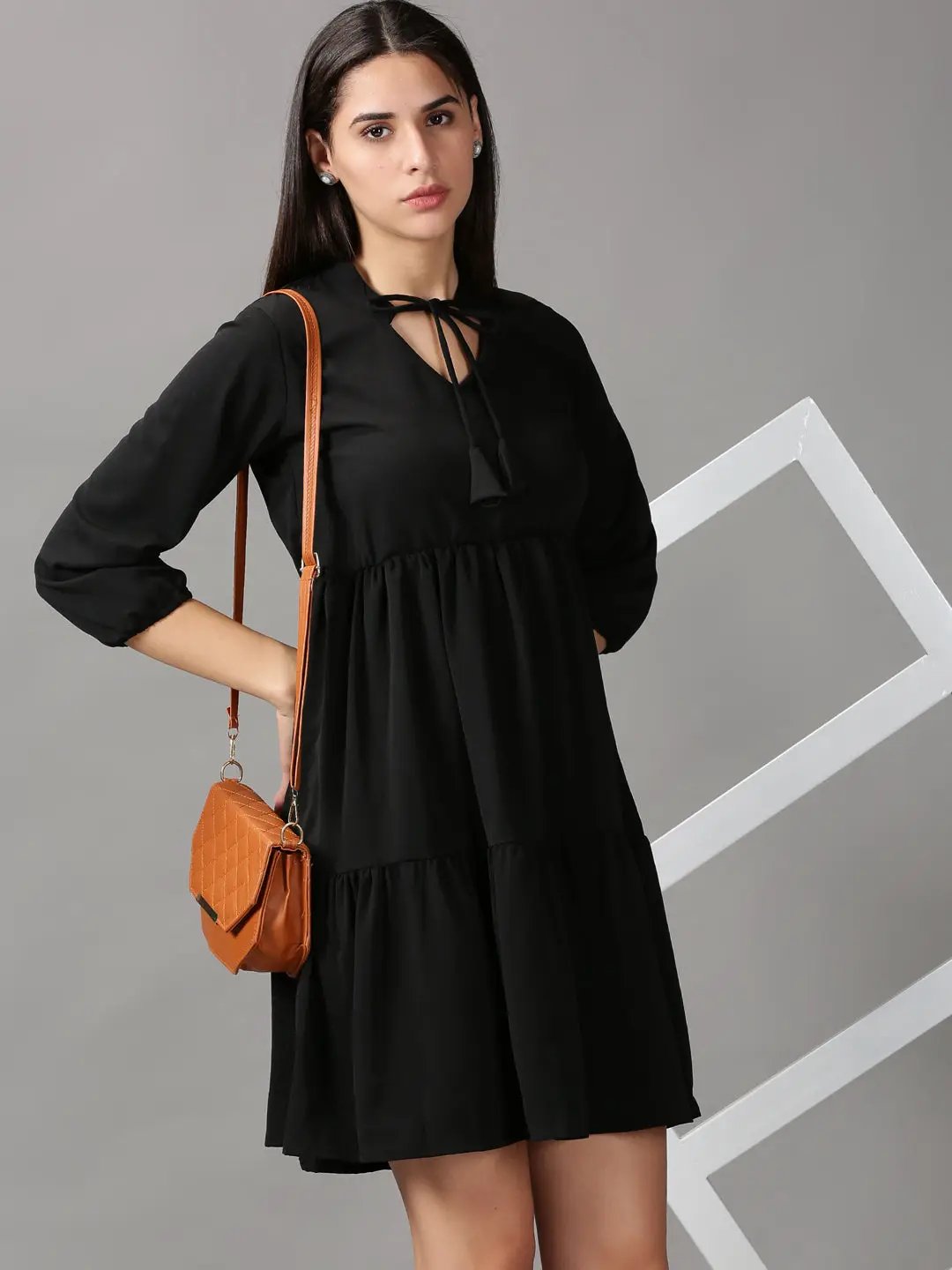 Shop Women's Black Tie-Up Neck Cotton Fit & Flare Dress| Showoffff Shop Women's Black Tie-Up Neck Cotton Fit & Flare Dress| Showoffff