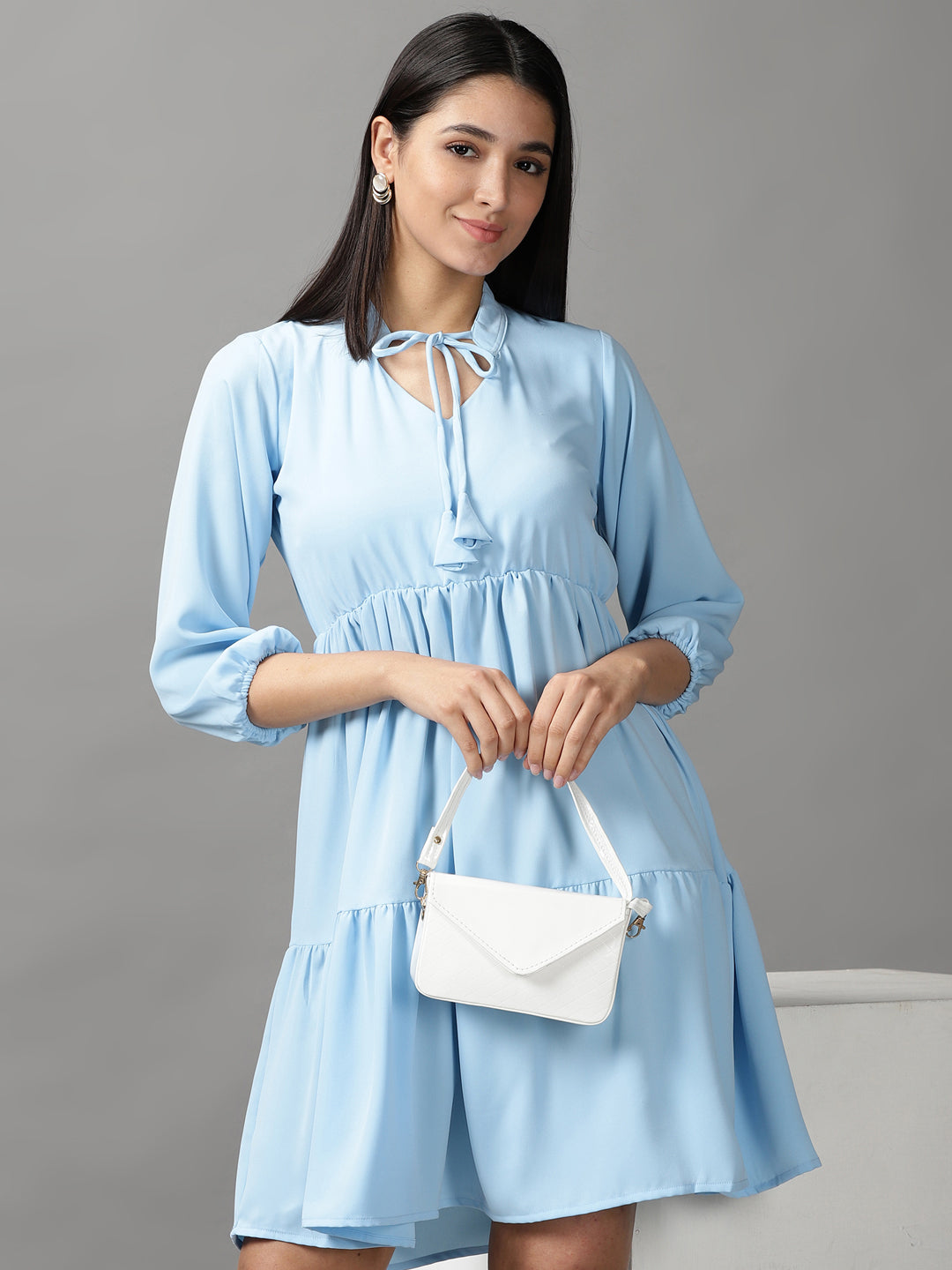 Women's Blue Solid Fit and Flare Dress