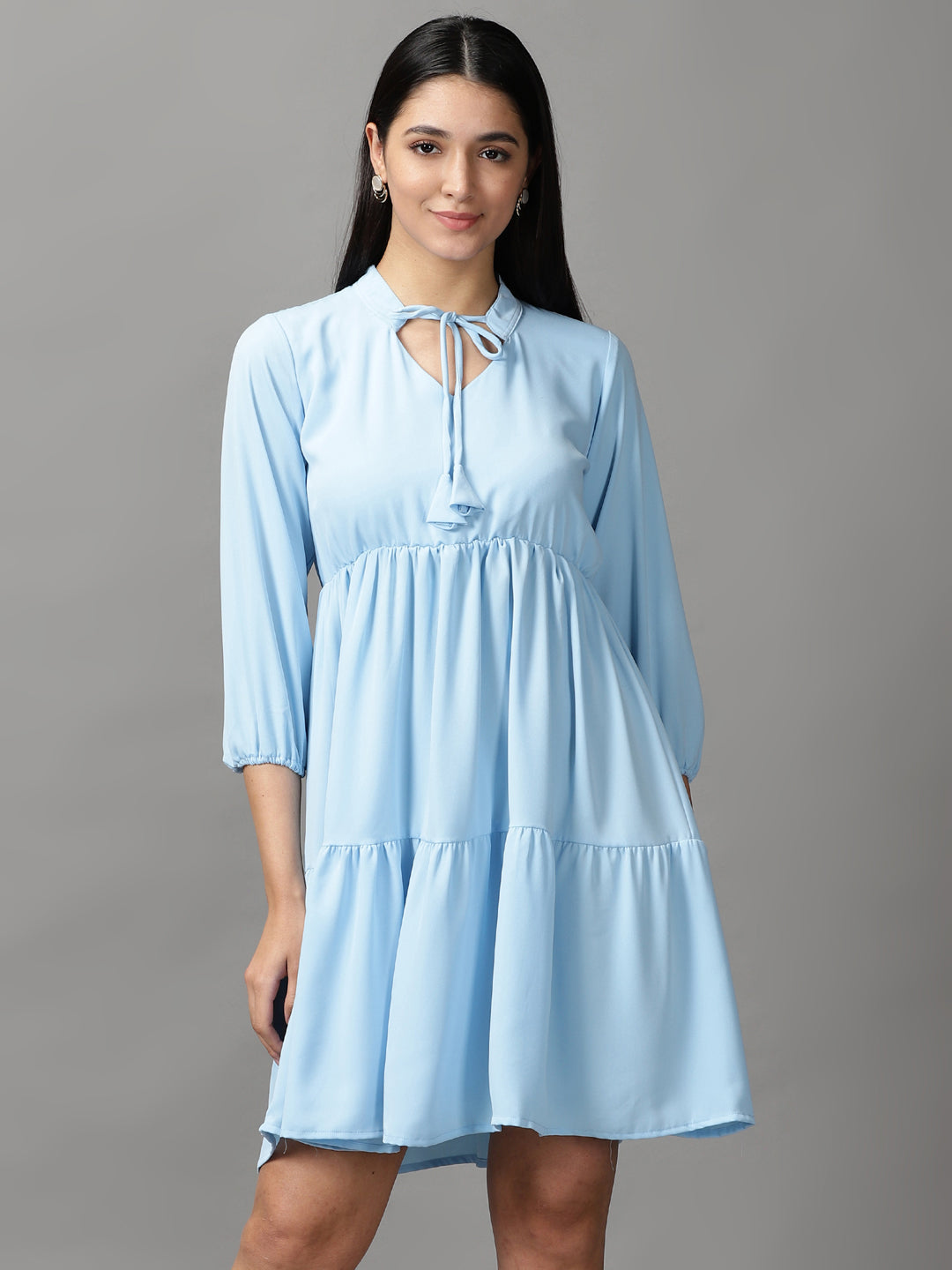 Women's Blue Solid Fit and Flare Dress